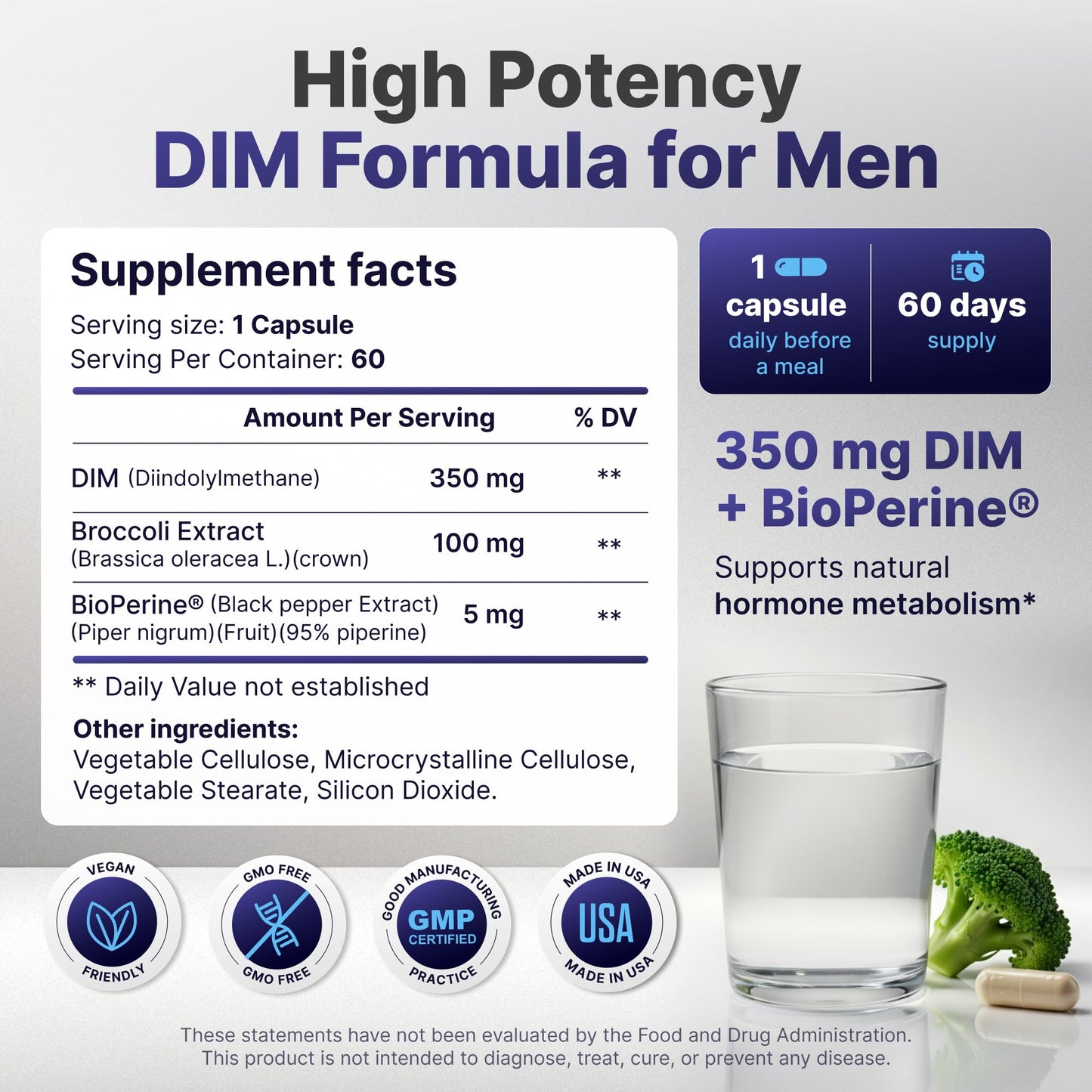 PHYTOCHOICE DIM for Men 350mg High Potency with BioPerine® & Broccoli Extract – 455mg Total Complex for Estrogen Balance & Hormone Optimization, Advanced DIM Supplement for Men, Clean Absorption Formula, 60 Capsules
