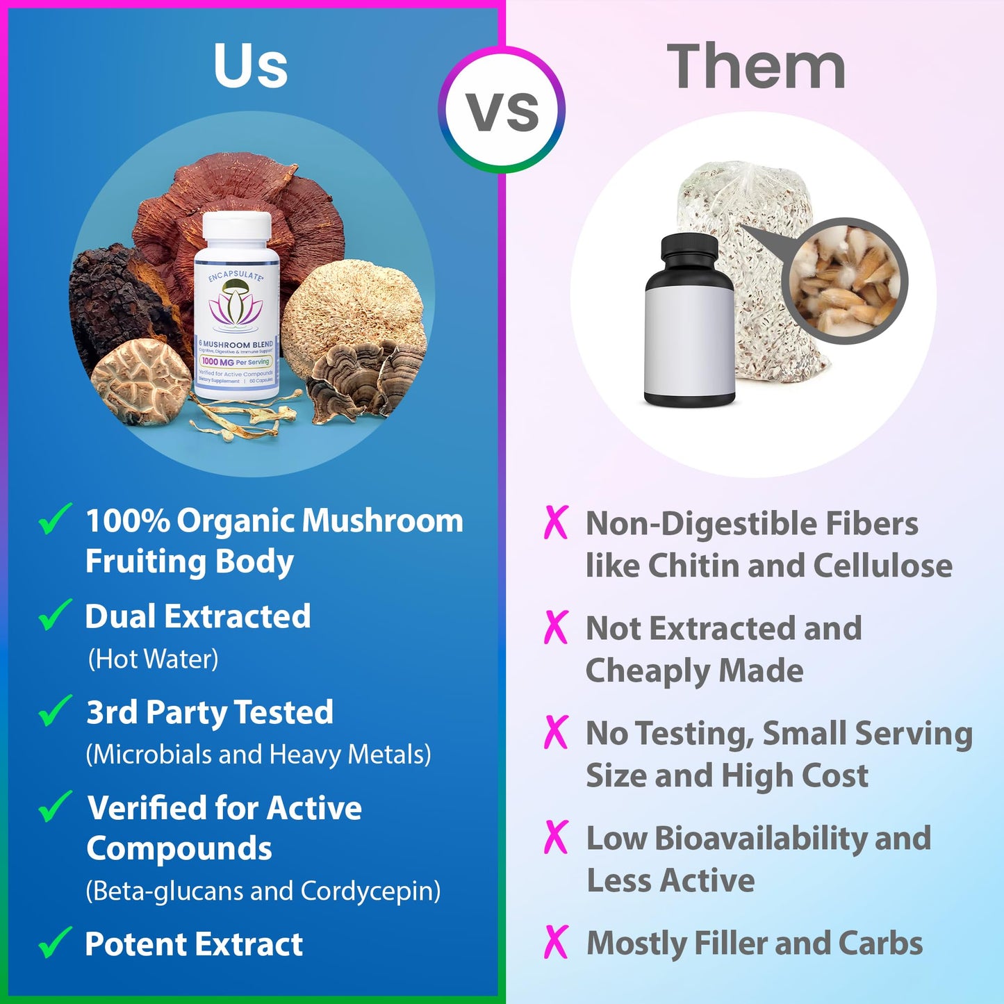 ENCAPSULATE 6 Mushroom Blend 1000mg – Reishi, Chaga, Turkey Tail, Cordyceps, Lion’s Mane & Shiitake 1:1 Mushroom Extract – Adaptogen Mushroom Supplement for Gut, Brain & Immune Support, 60 Capsules