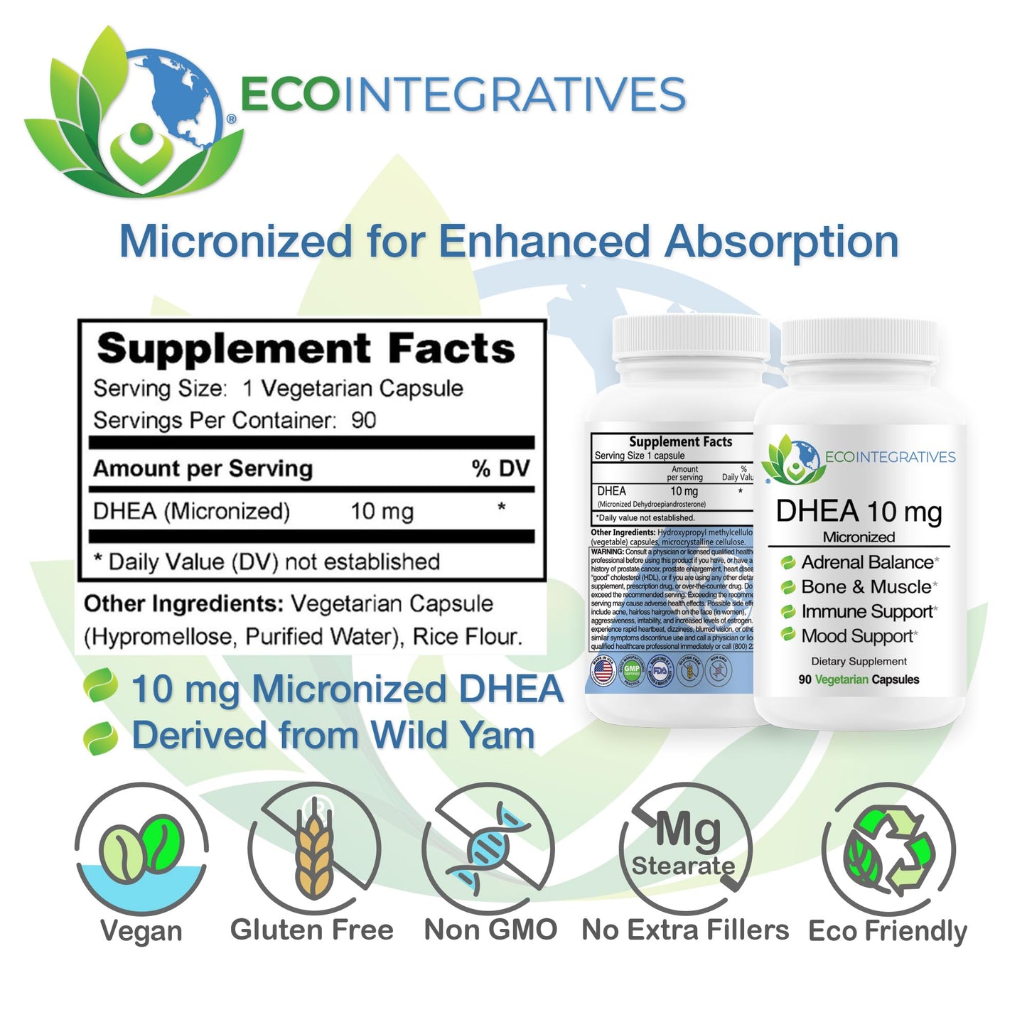 EcoIntegratives DHEA 10 mg Micronized Supplement, 90 Vegetarian Capsules
