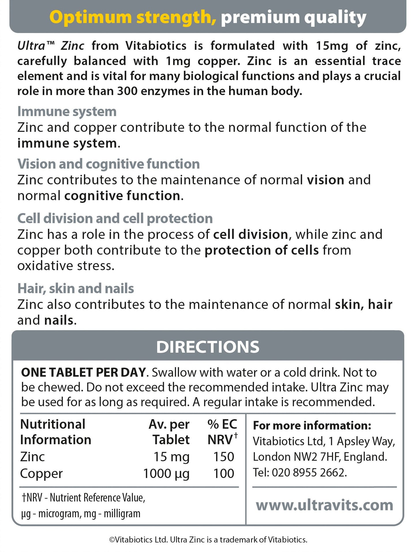 Vitabiotics Ultra Zinc 15mg with Copper Tablets 60