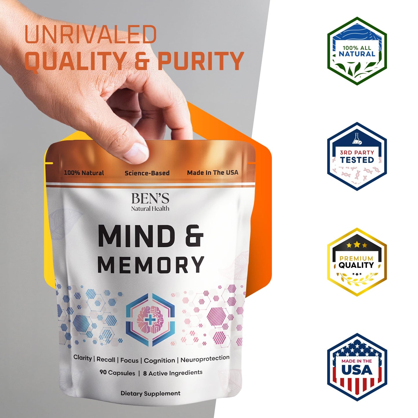 Ben's Natural Health Mind & Memory Nootropic Brain Support with Lion's Mane, Bacopa, Ginkgo & Rhodiola 540 Capsules