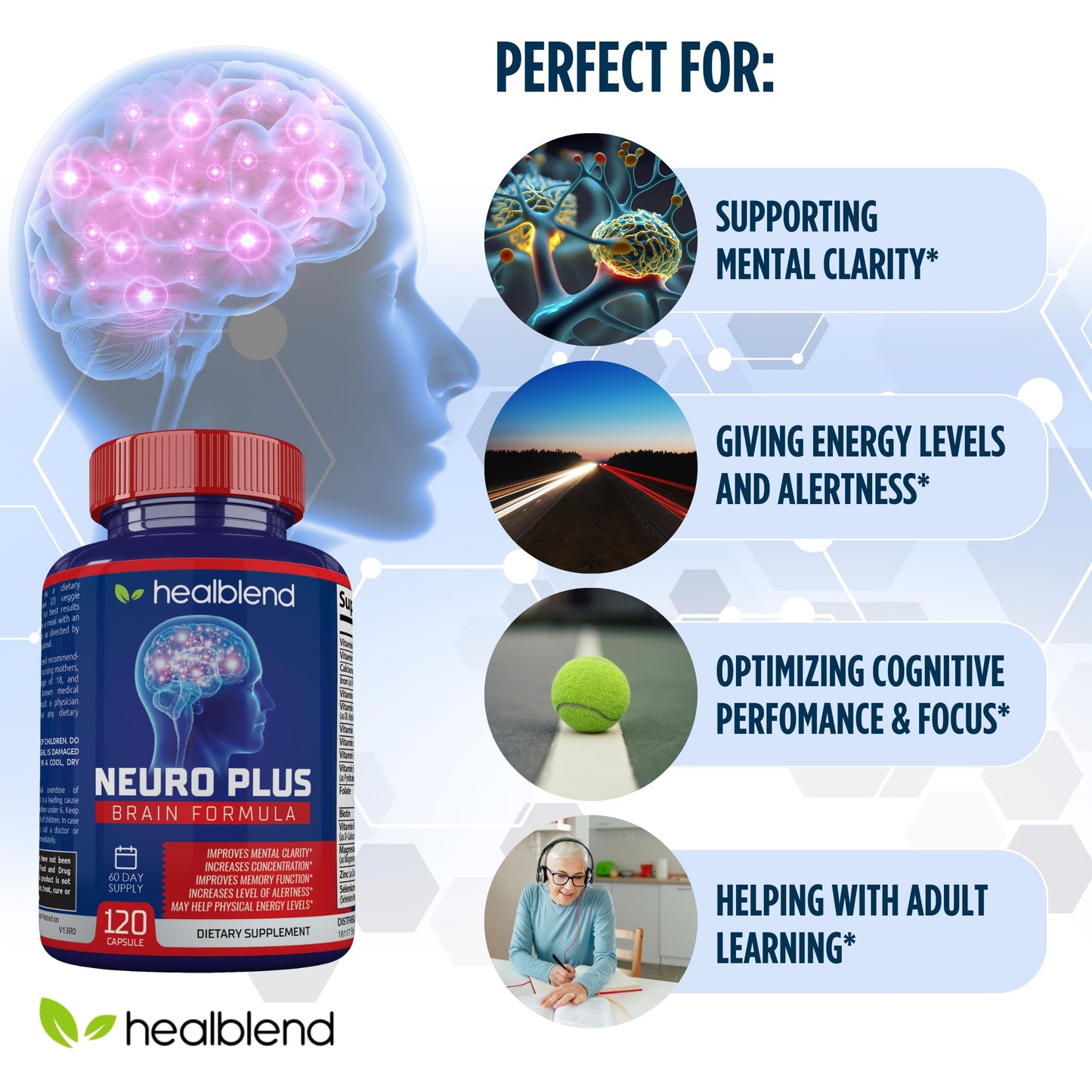 healblend Neuro Plus Brain & Focus Formula Nootropic Brain Booster Supplement Capsule, 120 Capsules