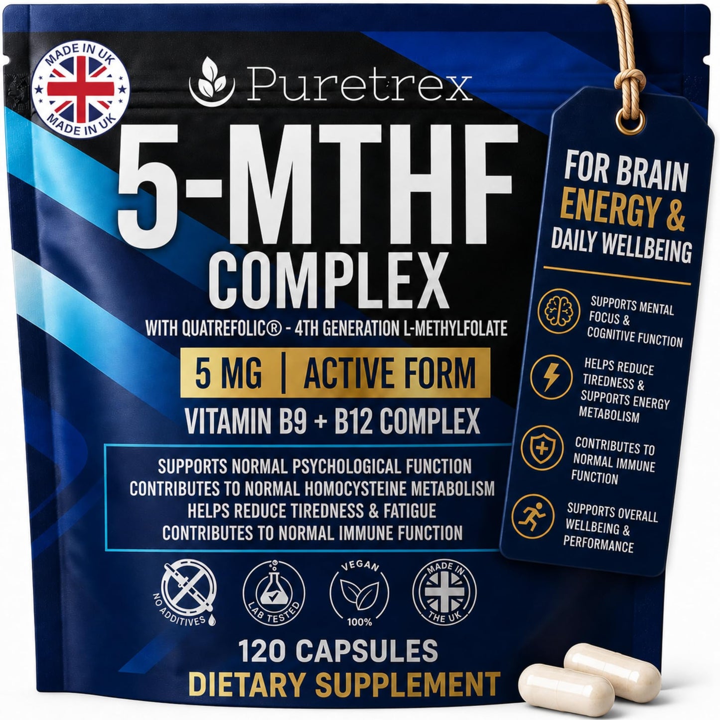 PURETREX 5-MTHF Complex Methylfolate 1mg with Quatrefolic, MTHFR Supplement, Active Folate B9 with Methyl B12 1mg, P-5-P B6, Riboflavin-5-Phosphate, Methylated B Complex, Vegan Capsule, 1 Count