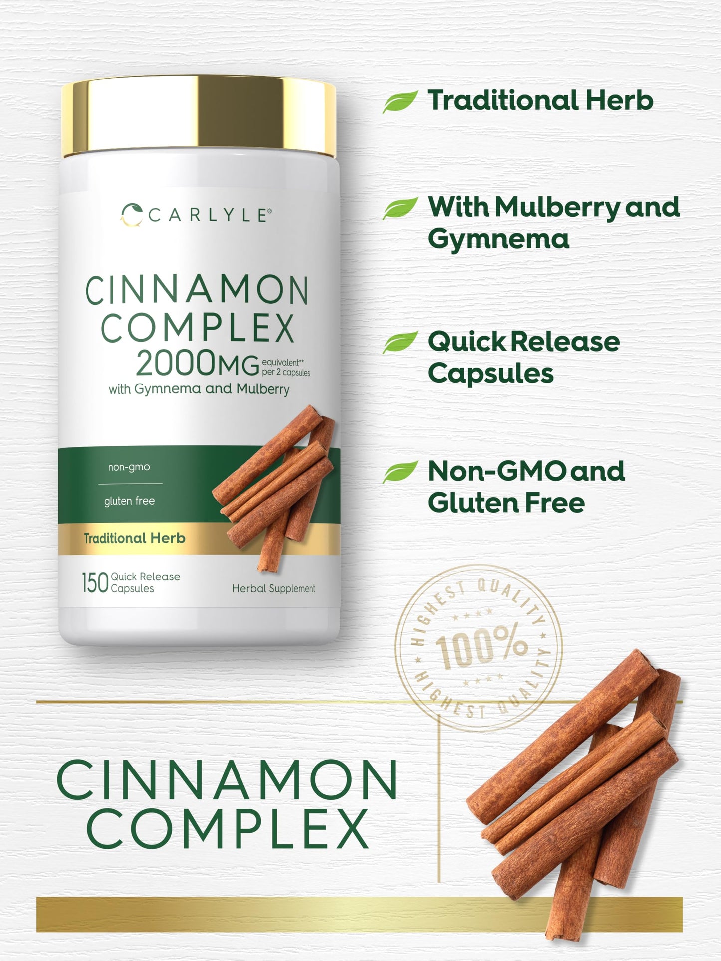 Carlyle Ceylon Cinnamon Complex with Gymnema and Mulberry Capsule, 150 Count