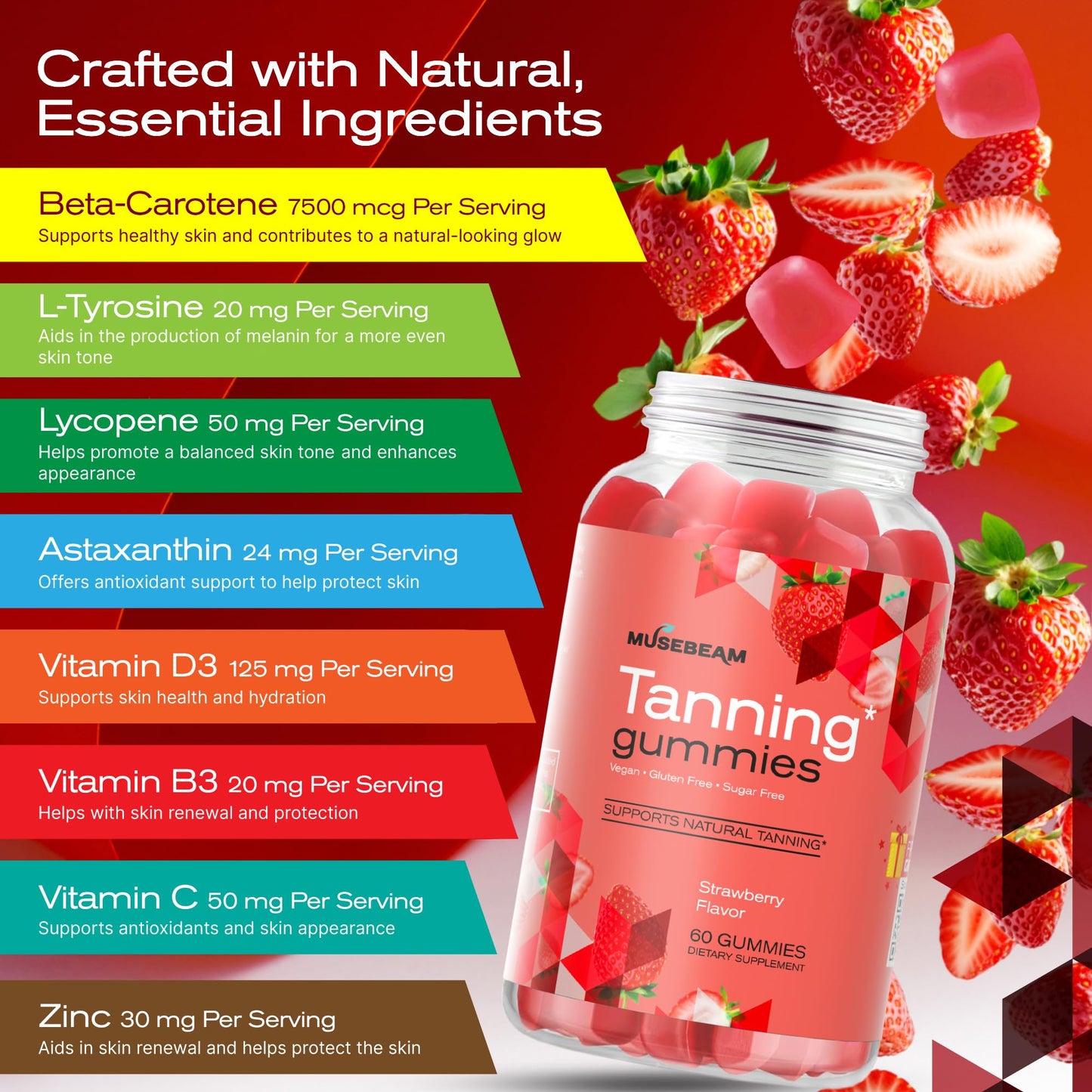 Musebeam Tanning Gummies for Women, Self Tan Chews, 60 Count