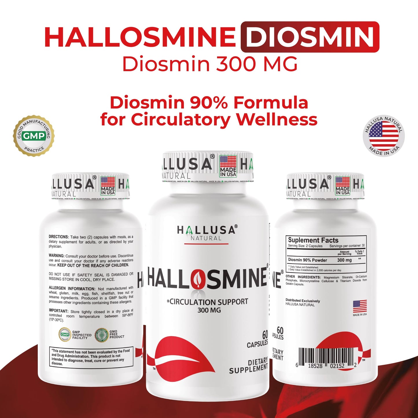 Hallusa Natural Hallosmine Diosmin 300 mg Supplement Capsules 60 Count