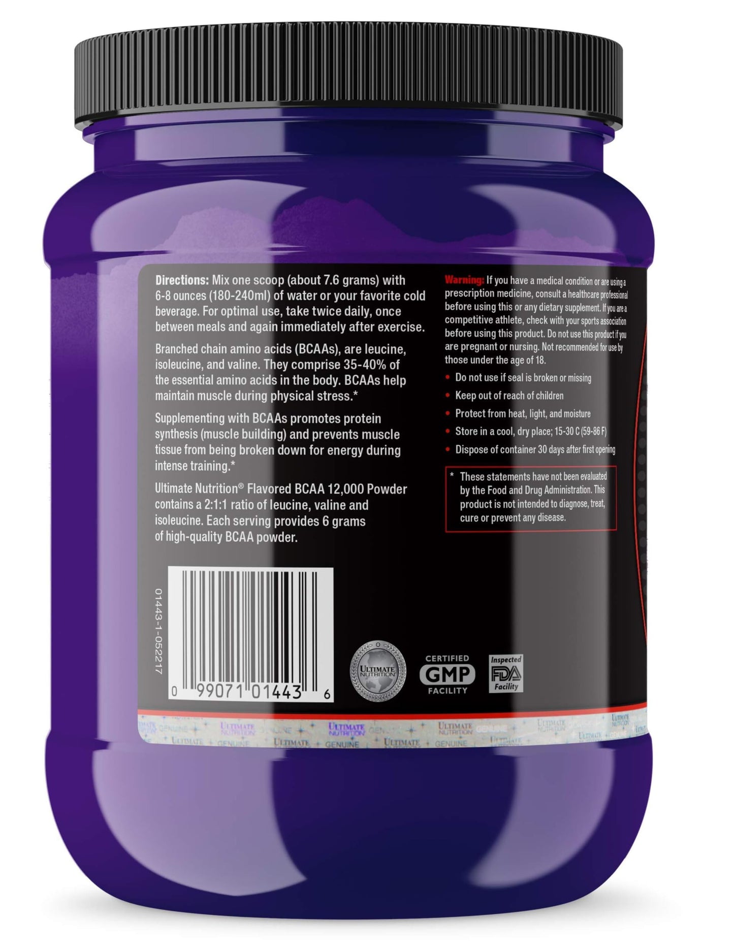 Ultimate Nutrition Flavored BCAA Powder - Caffeine Free with 3g Leucine 1.5g Valine 1.5g Isoleucine - Post Workout Amino Acid Supplement, Grape, 8 Ounce