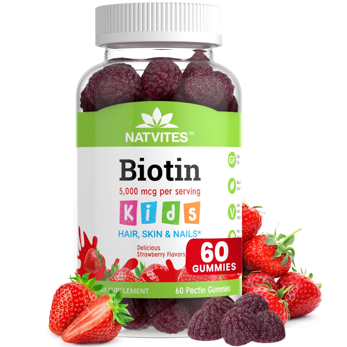 Natvites Kids Biotin Gummies for Hair Growth Support, 60 Count