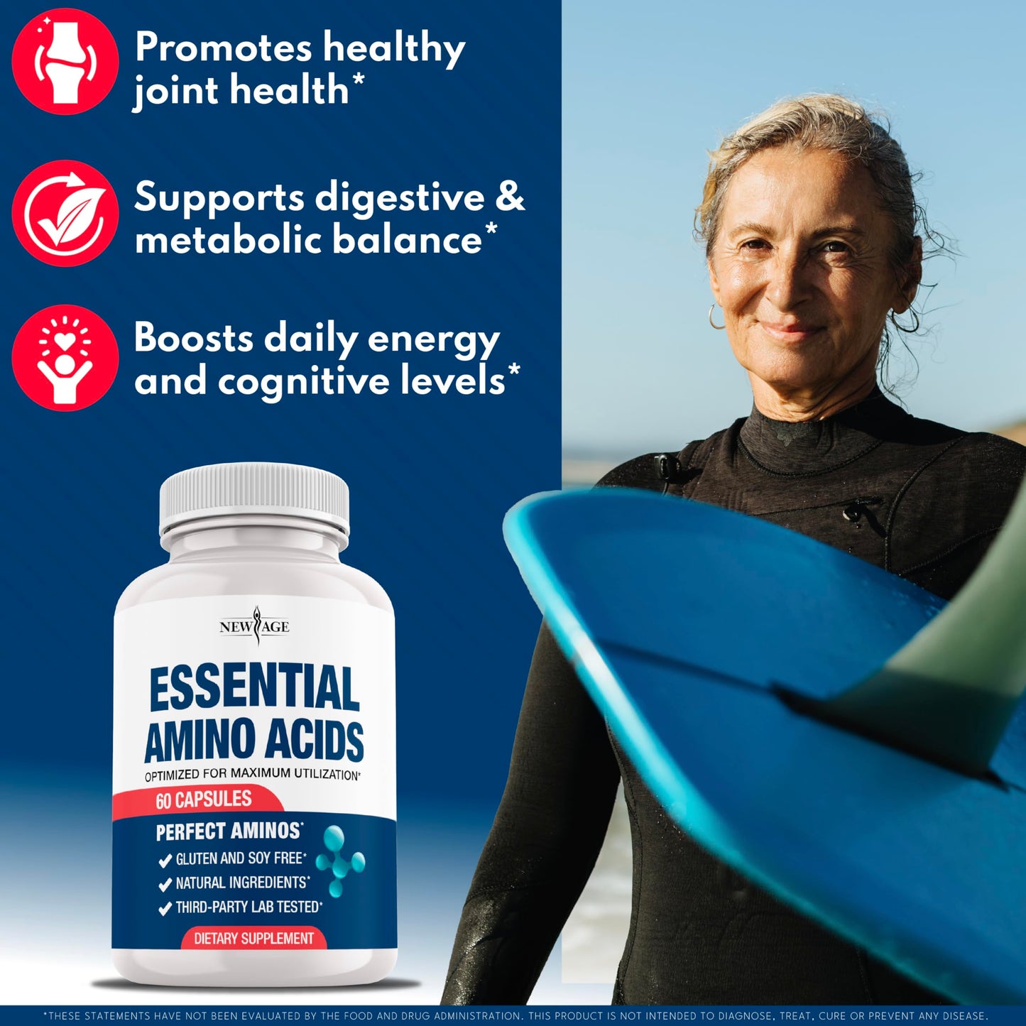NEW AGE Amino Acid Complex - 20 Aminos with BCAAs, L-Glutamine, L-Arginine & Hyaluronic Acid, 60 Capsules
