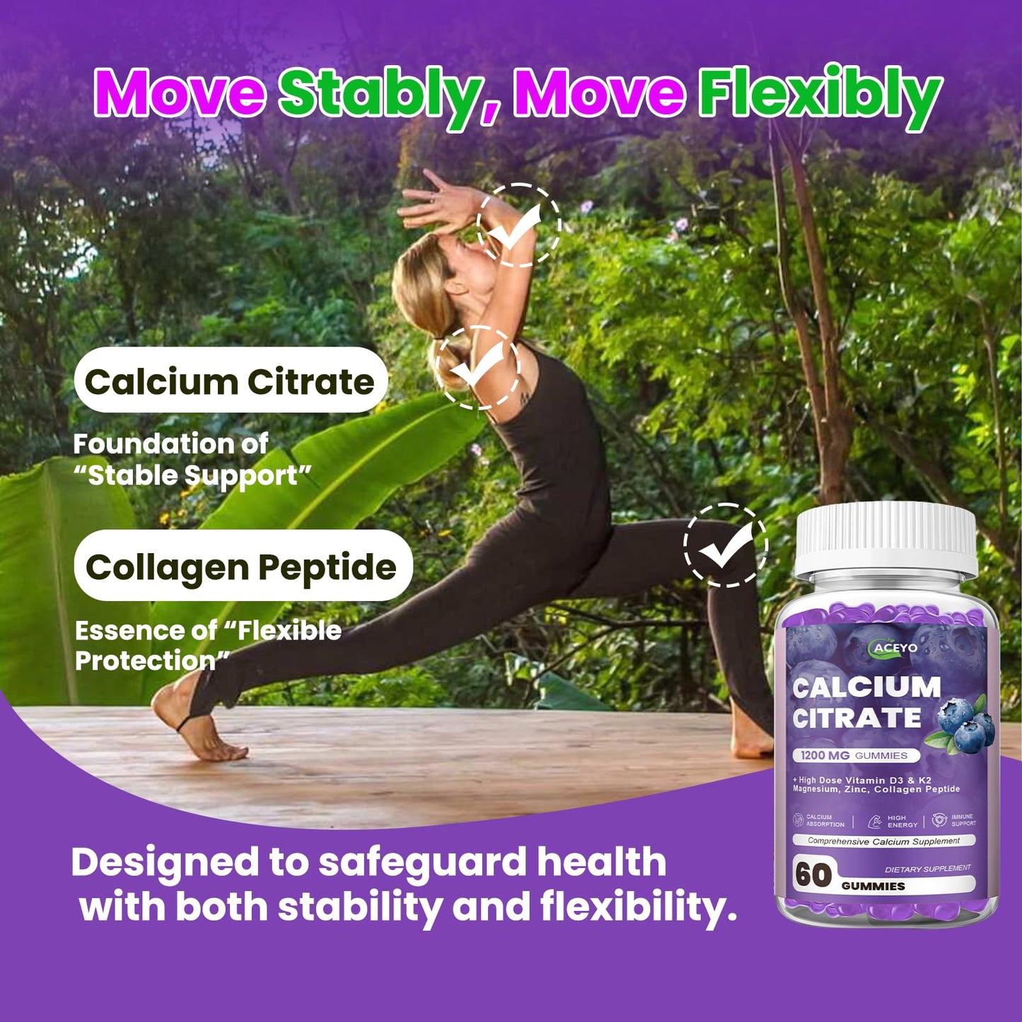 ACEYO Calcium Citrate Gummies 1200mg with Vitamin D3, K2, Magnesium & Zinc, Sugar-Free Blueberry Flavor, 60 Count