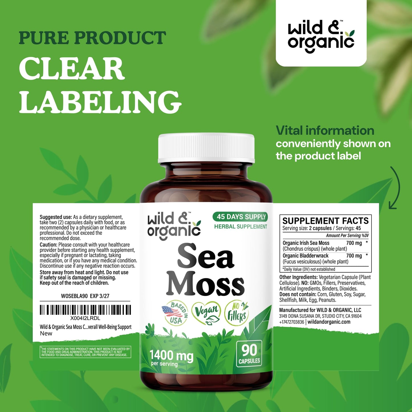 Wild & Organic Sea Moss Capsules 90 Count