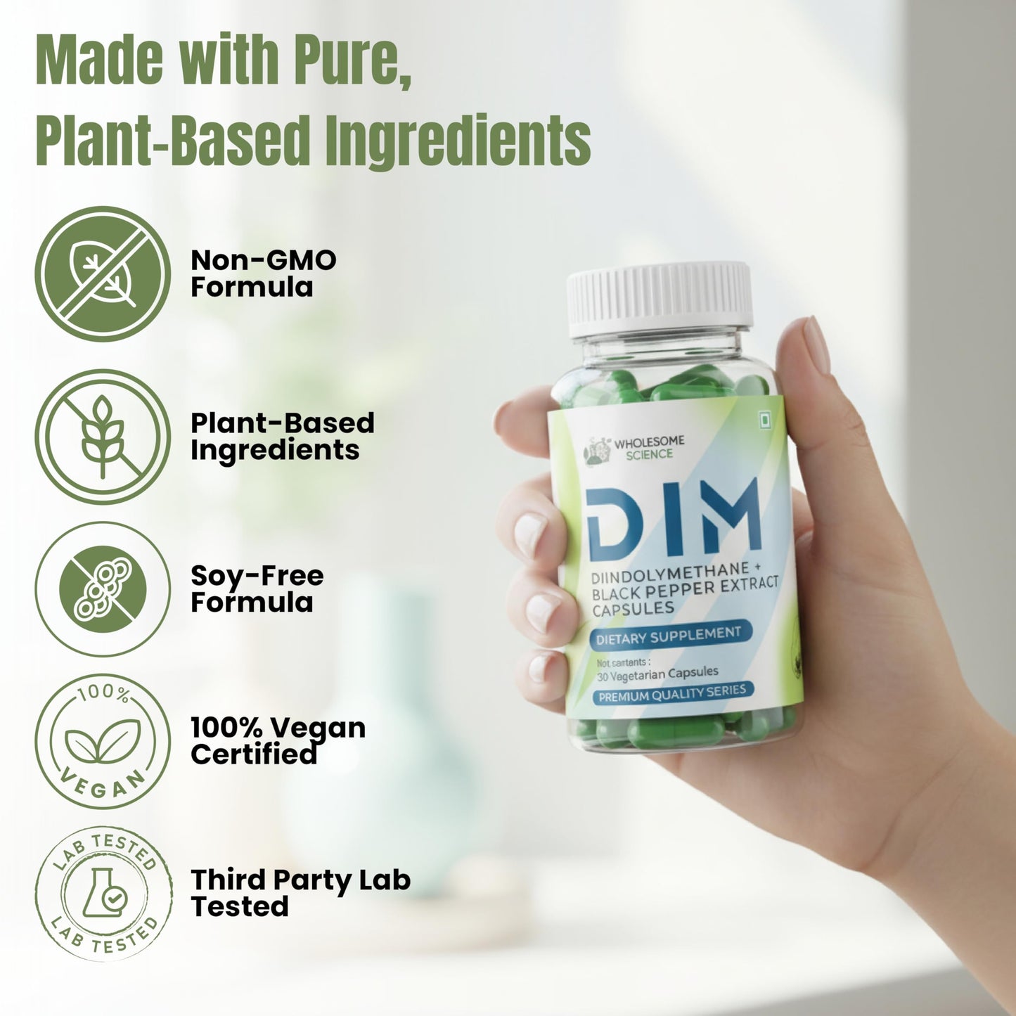 WHOLESOME SCIENCE DIM Diindolylmethane 200 mg with Black Pepper Extract Capsules, Hormonal Balance & Estrogen Support, Plant-Based, Non-GMO, Soy-Free, Third-Party Lab Tested, 30 Capsules