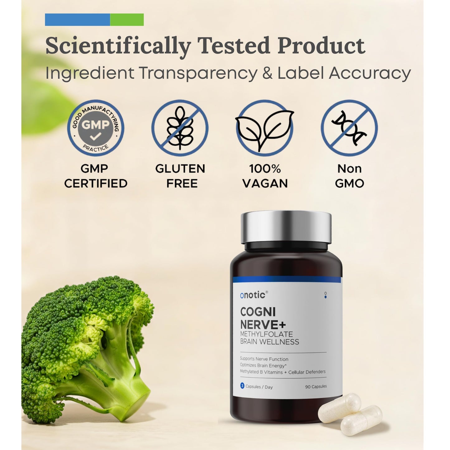 ONOTIC Brain Wellness Capsules with L-Methylfolate, NAC, Vitamin B12 for Memory & Focus, Vegan, Non-GMO, Gluten Free, 90 Capsules