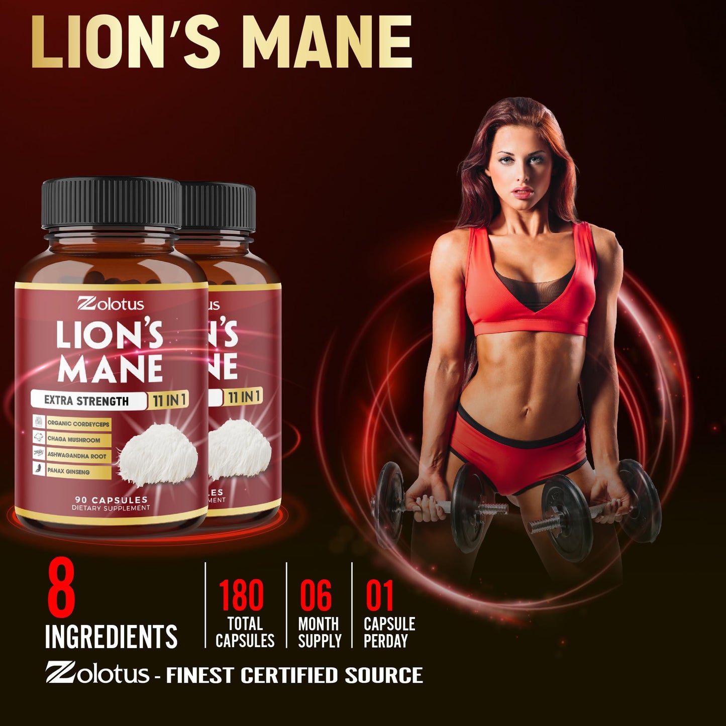 Zolotus Lions Mane Mushroom Supplement with Cordeyceps, Reishi, Ashwagandha, Focus, Memory and Brain Support, Immune Support, Energy - Capsules, 180 Count