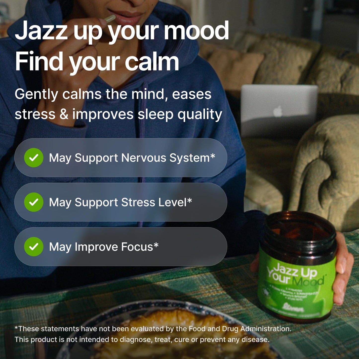 LIVEN SUPPLEMENTS Jazz Up Your Mood L-Theanine Asian Ginseng CoQ10 Bacopa Alpha-GPC Daily Focus & Clarity Support Capsule, 60 Count