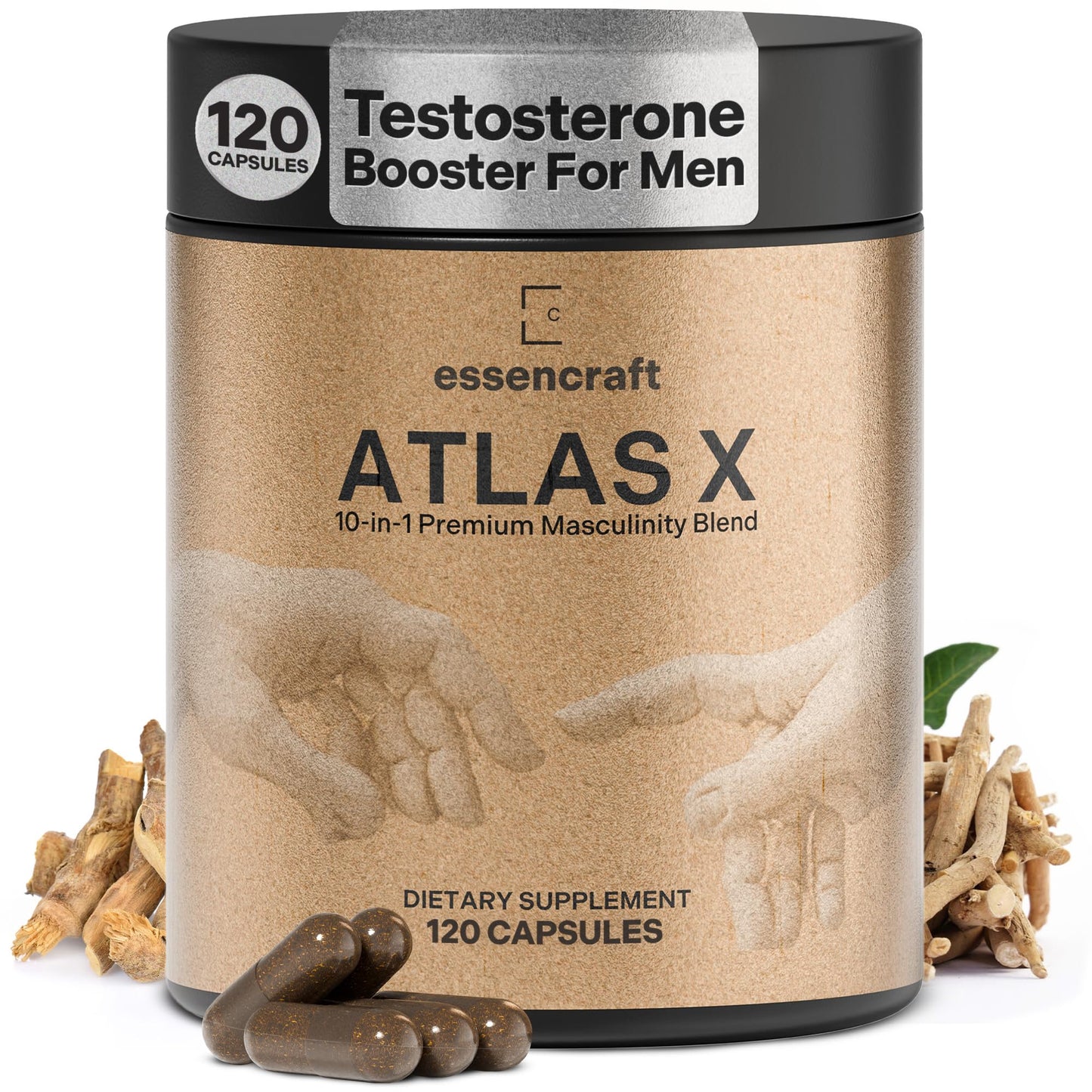 Essencraft Atlas X Testosterone Supplement for Men – 10-in-1 Natural Testosterone Booster & Muscle Booster w/Shilajit, Zinc, Tongkat Ali, & More, 120 Capsules