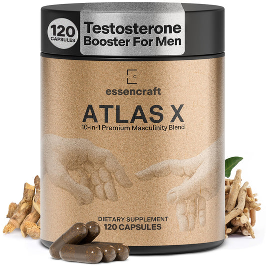 Essencraft Atlas X Testosterone Supplement for Men – 10-in-1 Natural Testosterone Booster & Muscle Booster w/Shilajit, Zinc, Tongkat Ali, & More, 120 Capsules
