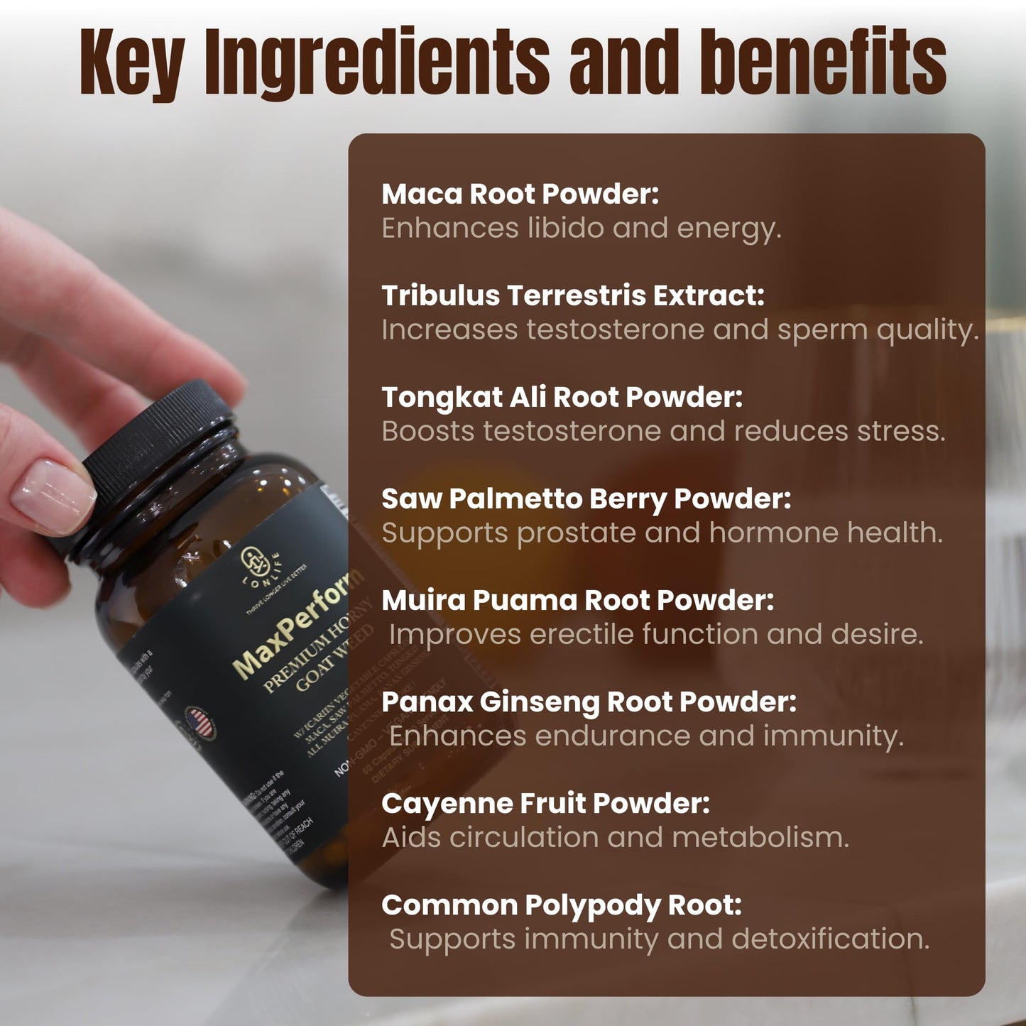 LONLIFE MaxPerform Herbal Supplement with Horny Goat Weed, Maca Root, Tongkat Ali, Tribulus Terrestris & Saw Palmetto - Daily Wellness Support for Men - 1275mg, 60 Capsules