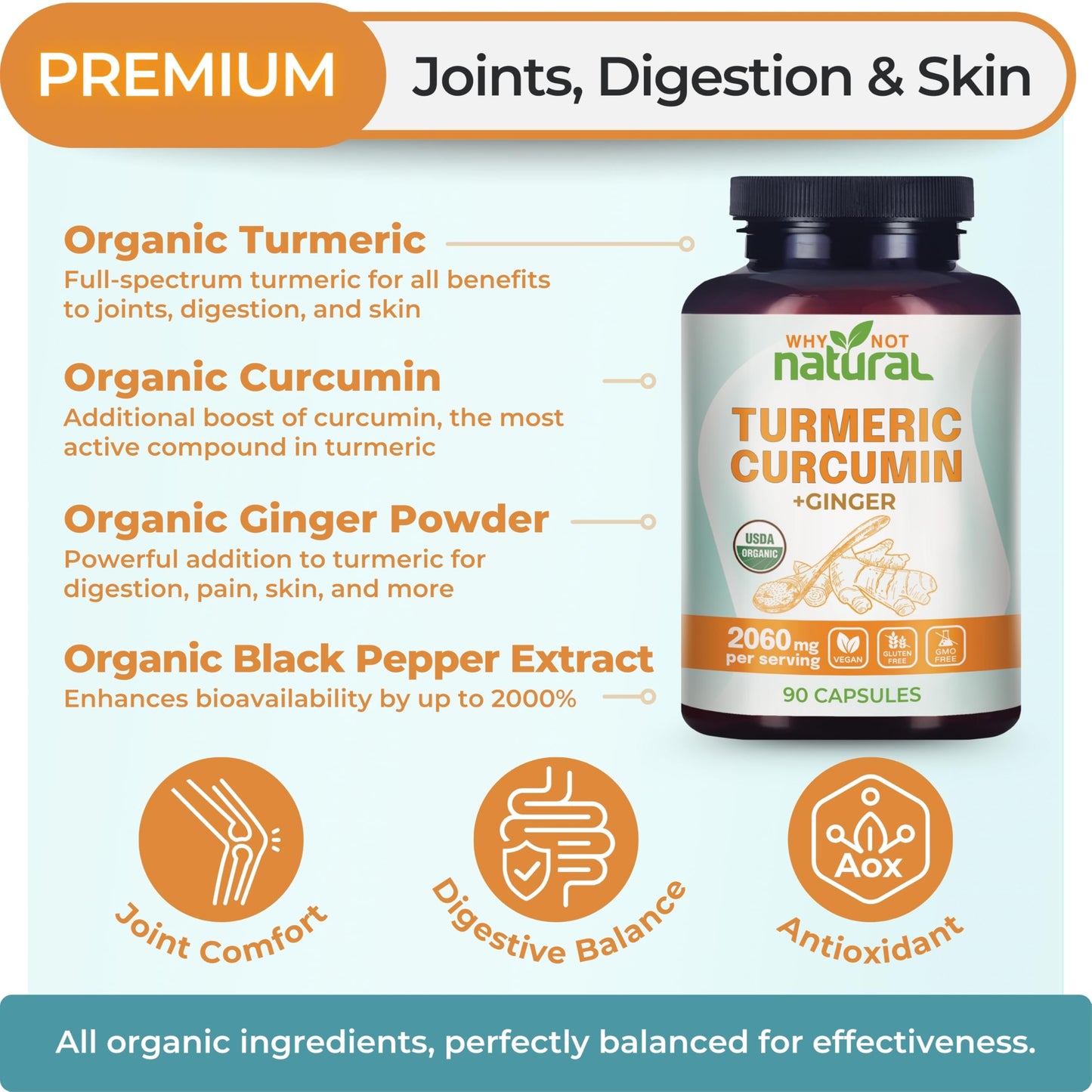 Why Not Natural Organic Turmeric Curcumin Supplement with Ginger and Black Pepper - Tumeric Capsule 90 Count