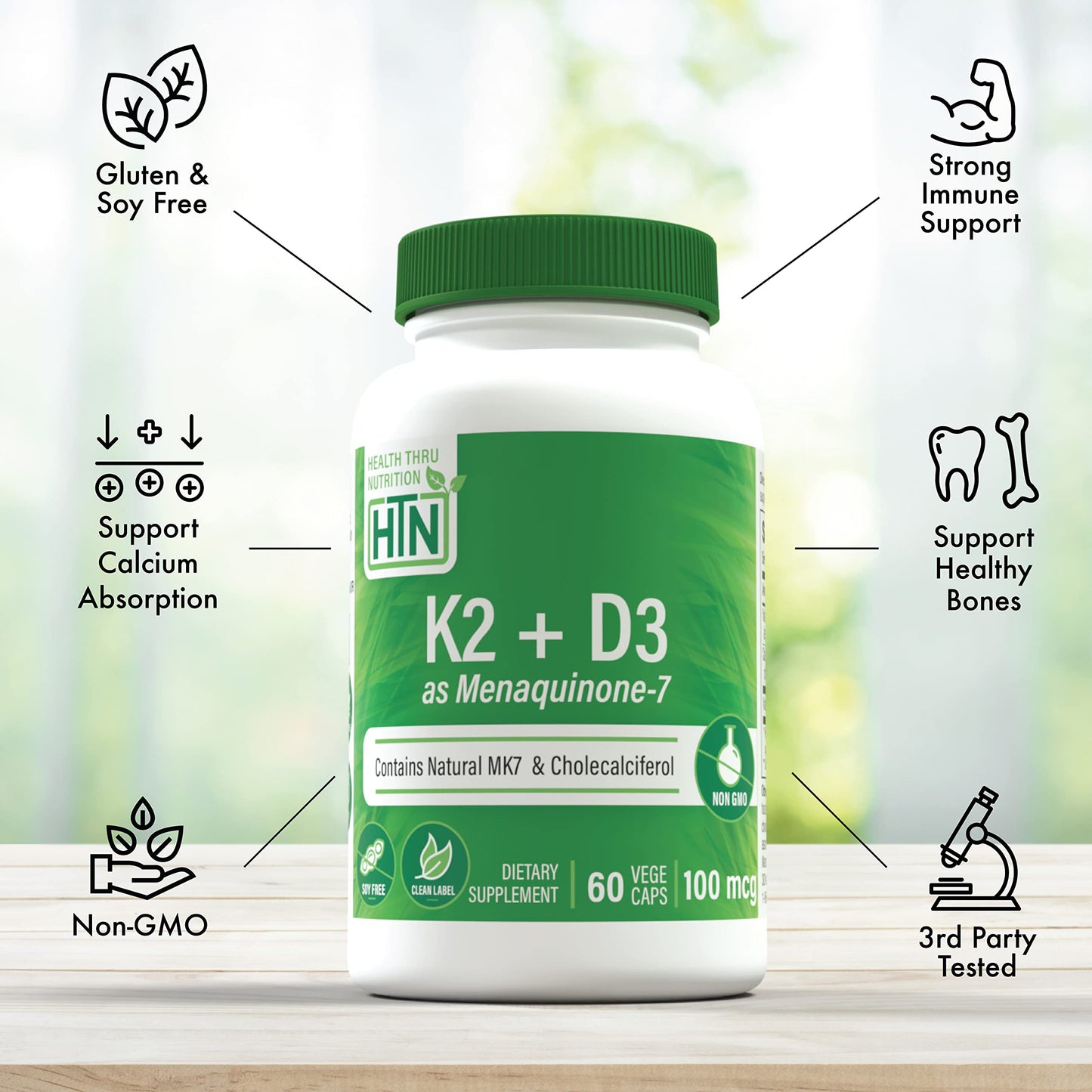 Health Thru Nutrition Advanced K2 (MenaQ7) (100mcg) with Vitamin D3 (1000 IU), 60 VegeCaps Capsules