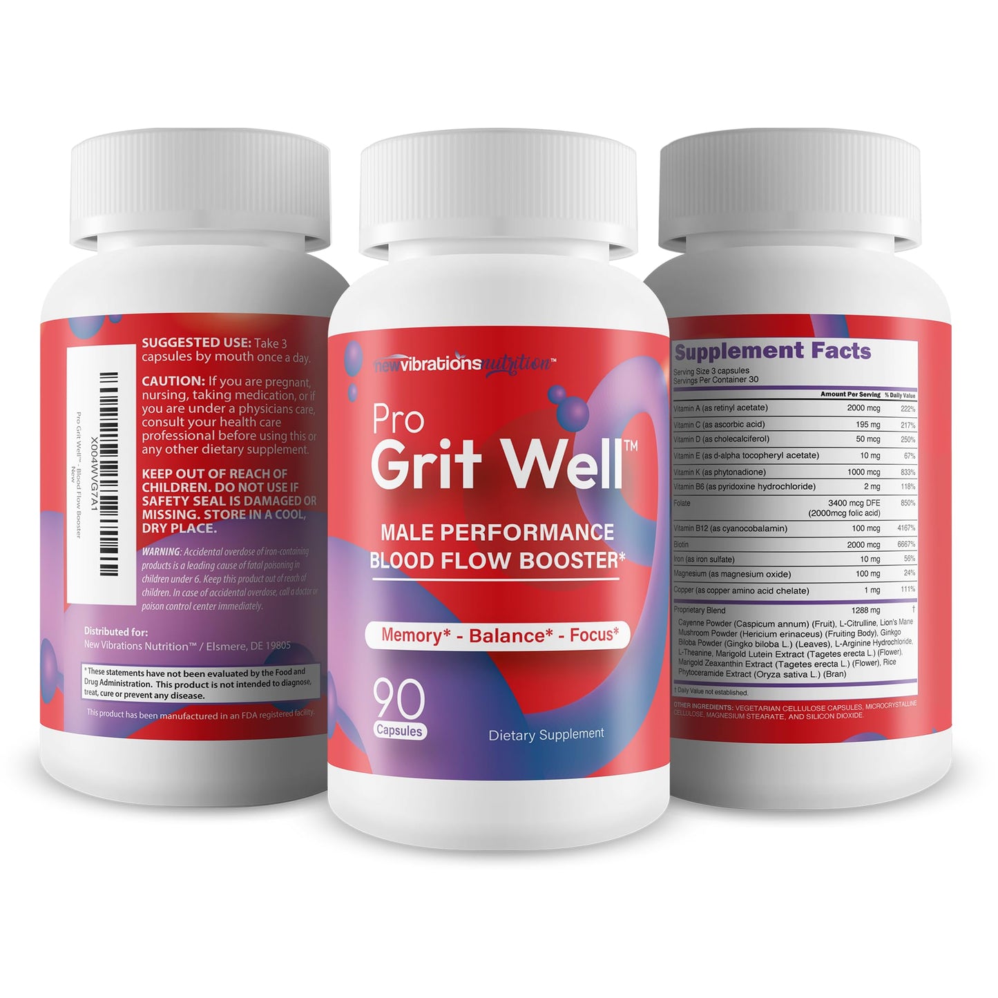 New Vibrations Nutrition Pro Grit Well Male Performance Max Blood Flow Booster Capsules 90 Count