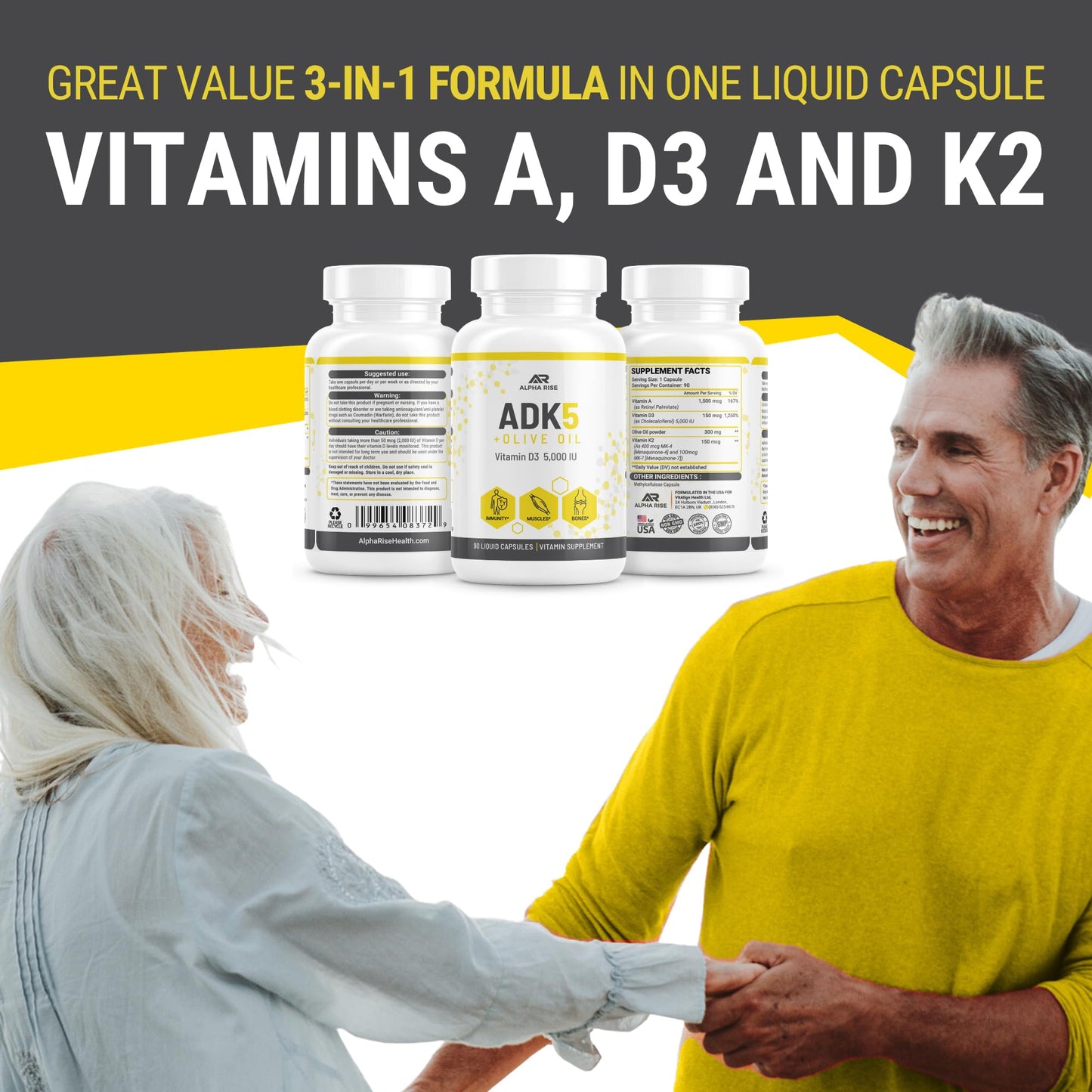 ALPHA RISE ADK Vitamin D3 + K2 with Olive Oil Capsules, 90 Count
