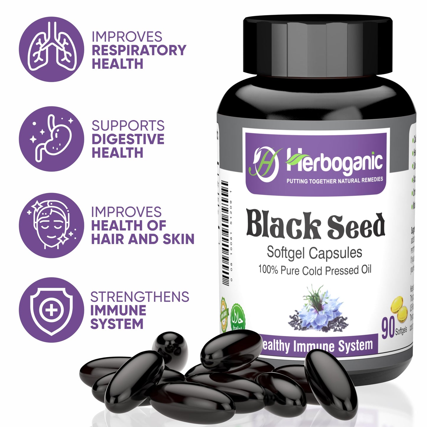 HERBOGANIC Cold Pressed Black Seed Oil Capsules 90 Count