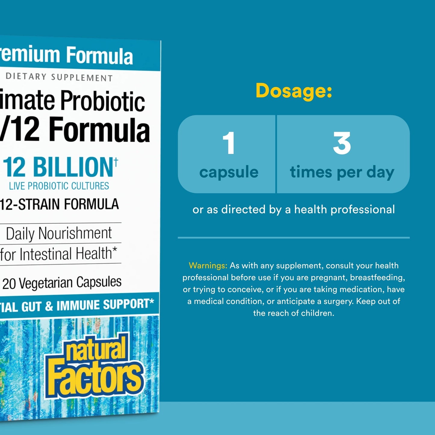Natural Factors Ultimate Probiotic 12/12 Formula - Digestive Health Support Supplement with Probiotics - Immunity & Gut Health Support Supplement 120 Capsules