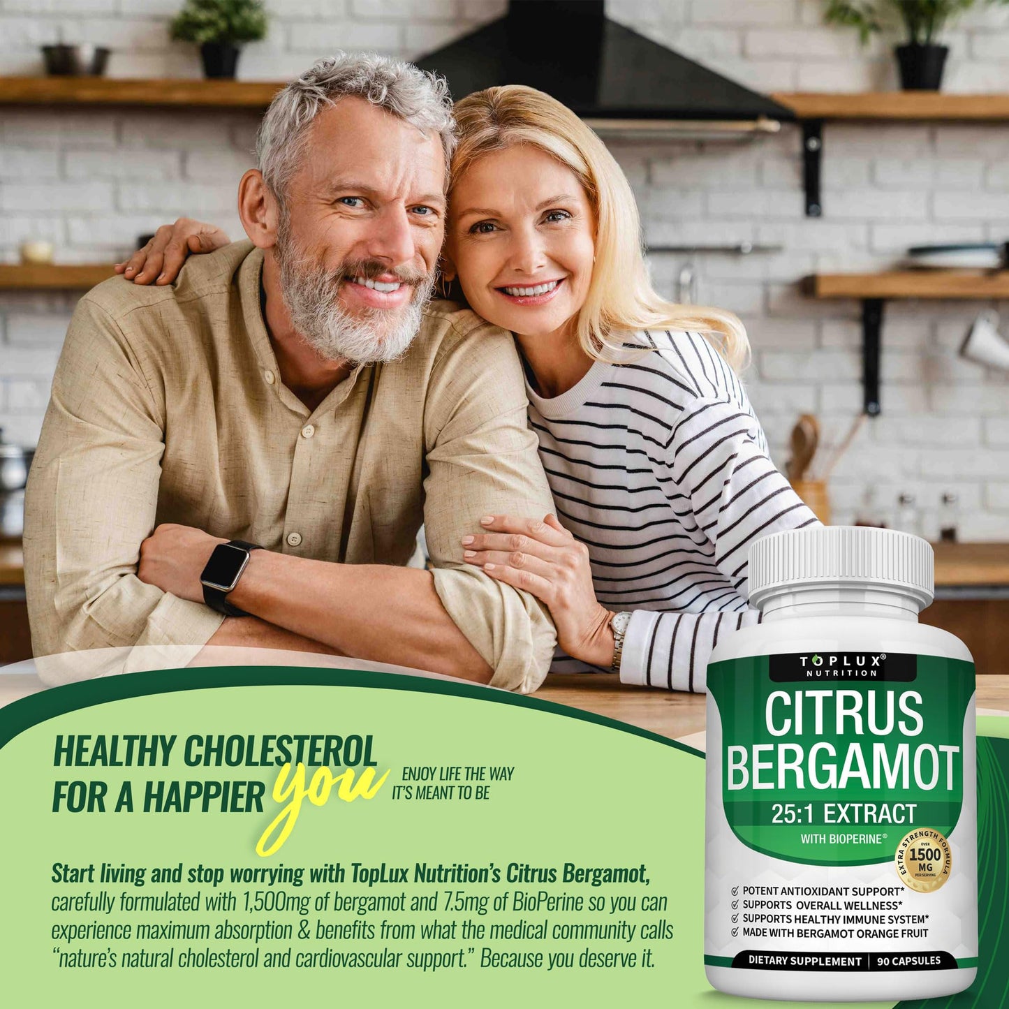 Toplux Citrus Bergamot Supplement 1500mg 25:1 Bergamot Extract Capsules 90 Count