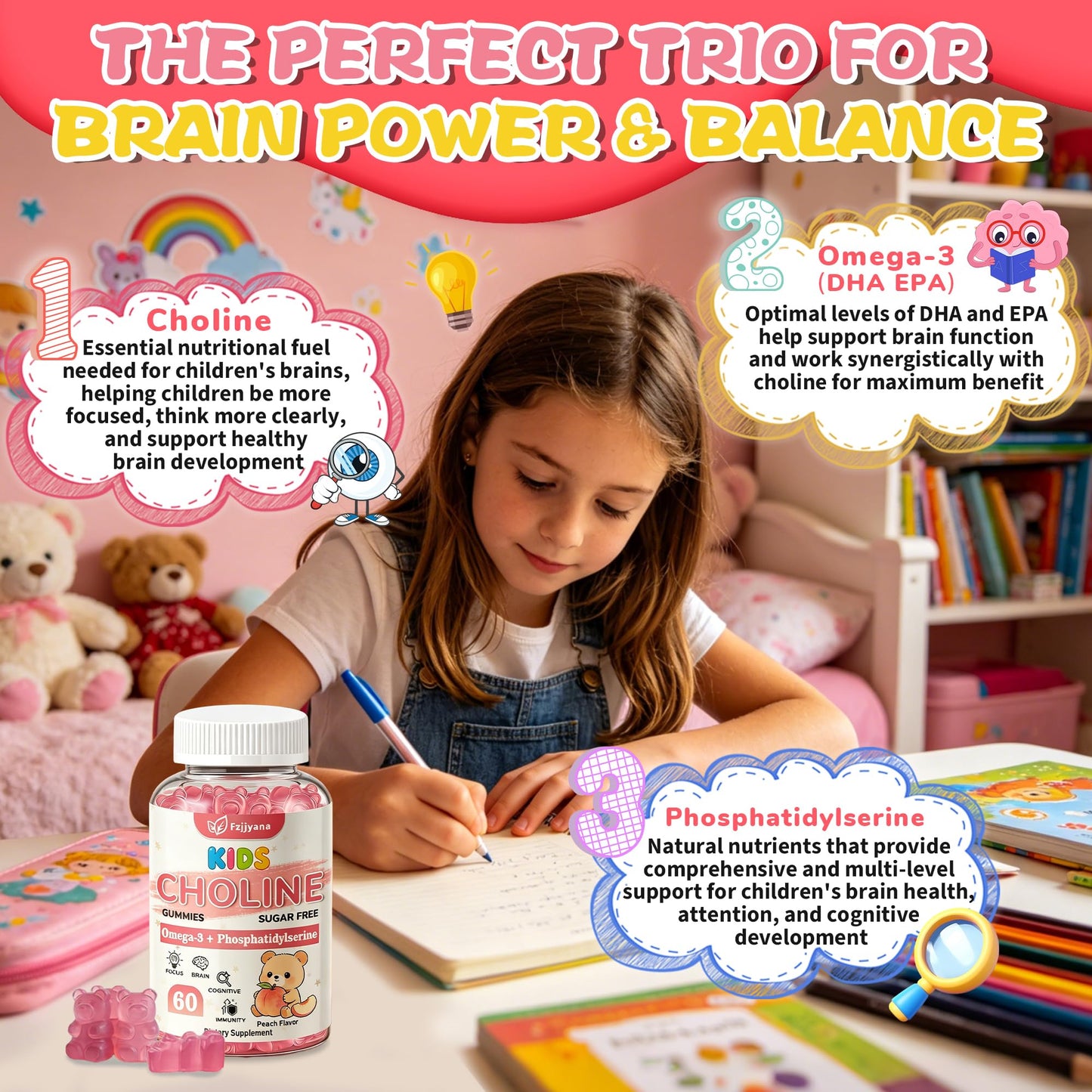 Fzjjyana Choline Gummies with Omega-3 (DHA+EPA), Phosphatidylserine for Kids & Teens 4+, Vitamin D3, B6 & B12 for Brain Health, Focus, Immune Support, Sugar-Free, Vegan, 120 Count