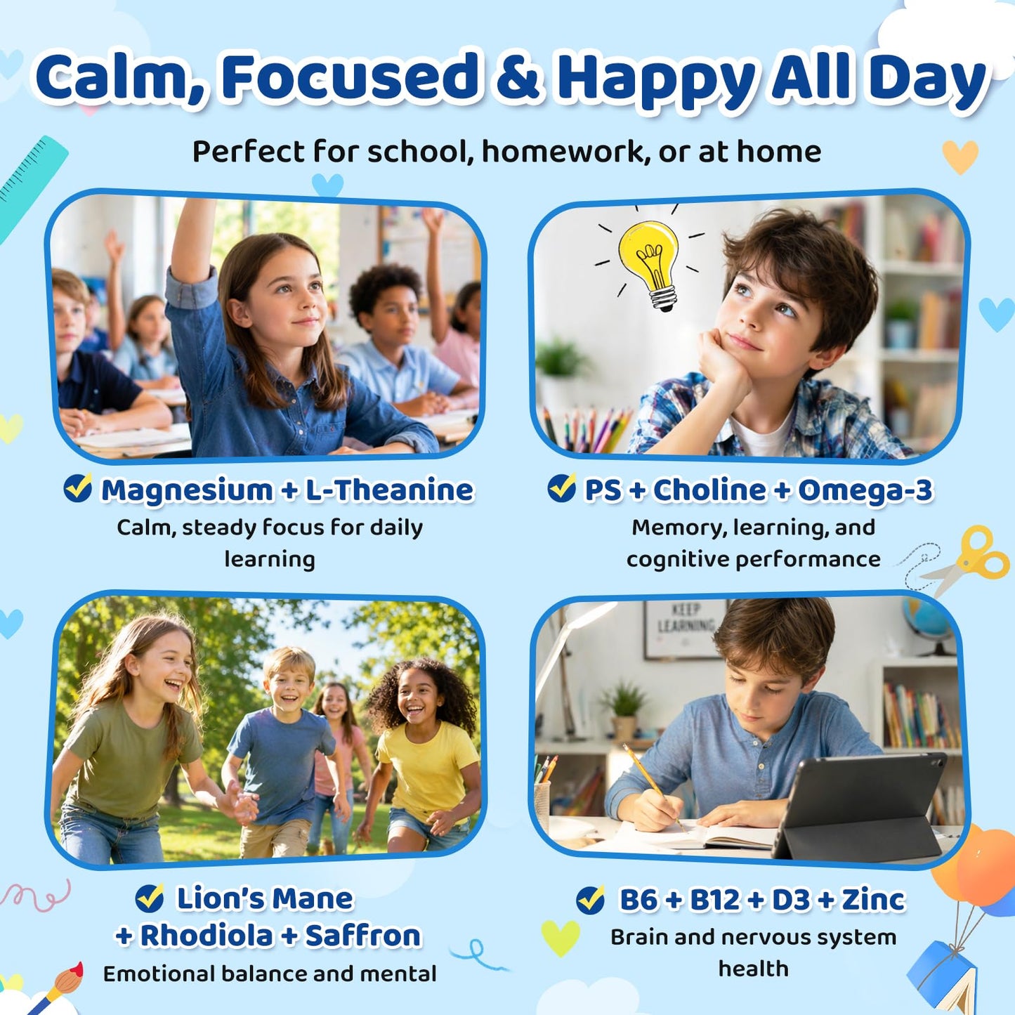 CFILIHTC Kids Focus & Memory Gummies with Magnesium Glycinate, Phosphatidylserine & Choline - Support Brain, Attention & Focus for Kids, Learning & Cognitive Development – Sugar Free Strawberry, 60 Gummies