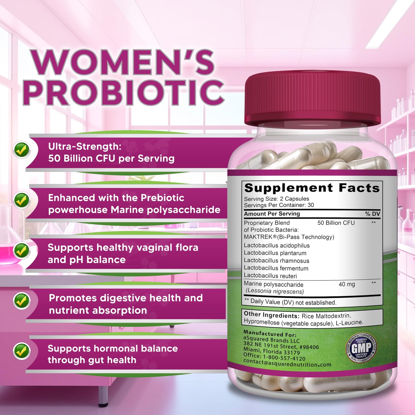 aSquared Nutrition Probiotics for Women - 50 Billion CFU Probiotic Supports Digestive, Gut, Vaginal & Urinary Tract Health, Prebiotics for Females 60 Capsules