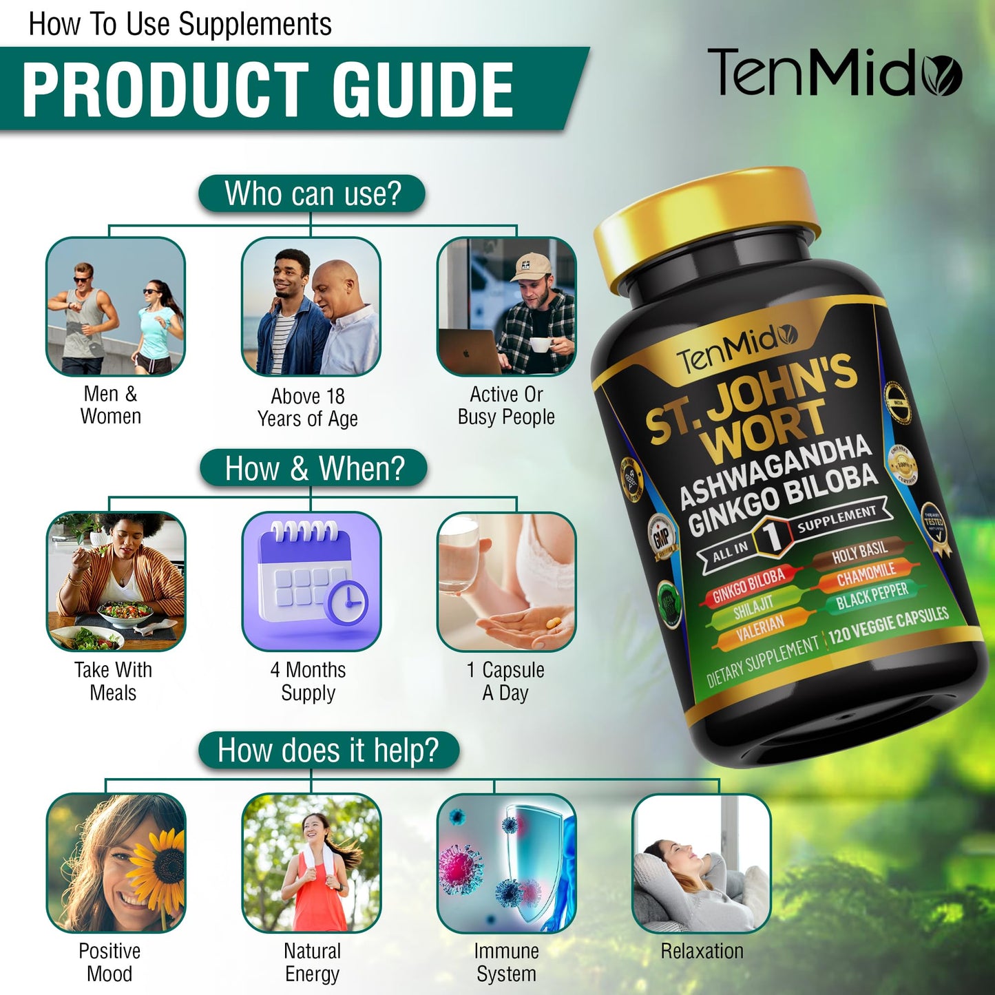 Tenmido St. John's Wort Supplement 8in1 Formula Capsules 120