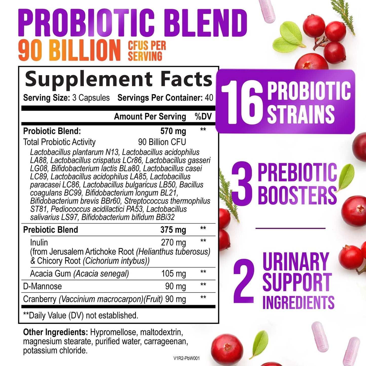 Nature's Nutrition Probiotics for Women Probiotic Blend 90 Billion CFU - 16 Strains, Cranberry & Prebiotics Capsules 120 Count