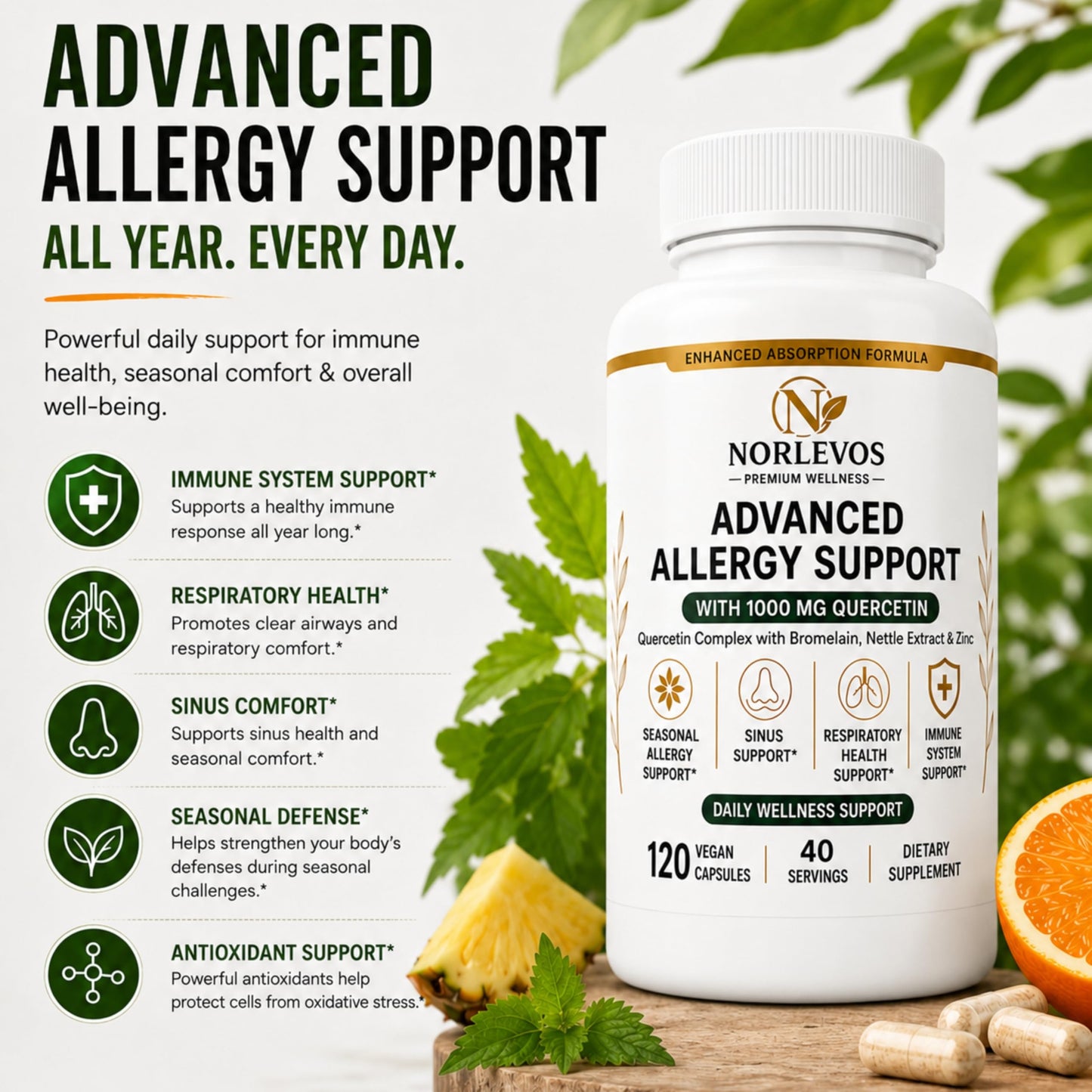 Norlevos Quercetin Complex 1000 mg with Bromelain, Stinging Nettle, Vitamin C & Zinc – Sinus, Immune & Respiratory Support, Non-GMO, Natural Antioxidant, 120 Vegan Capsules