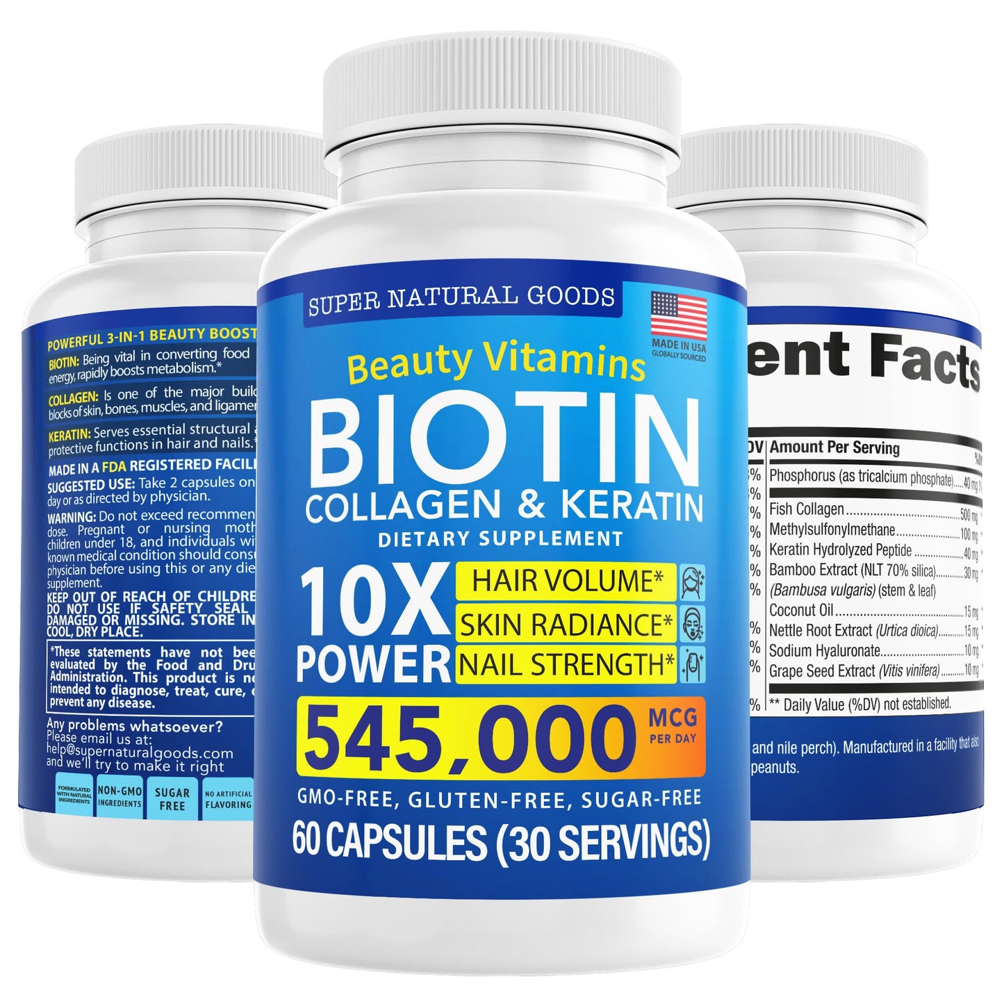 Super Natural Goods Biotin and Collagen Vitamins + Keratin with Folate, Hair Growth Support, 60 Capsules