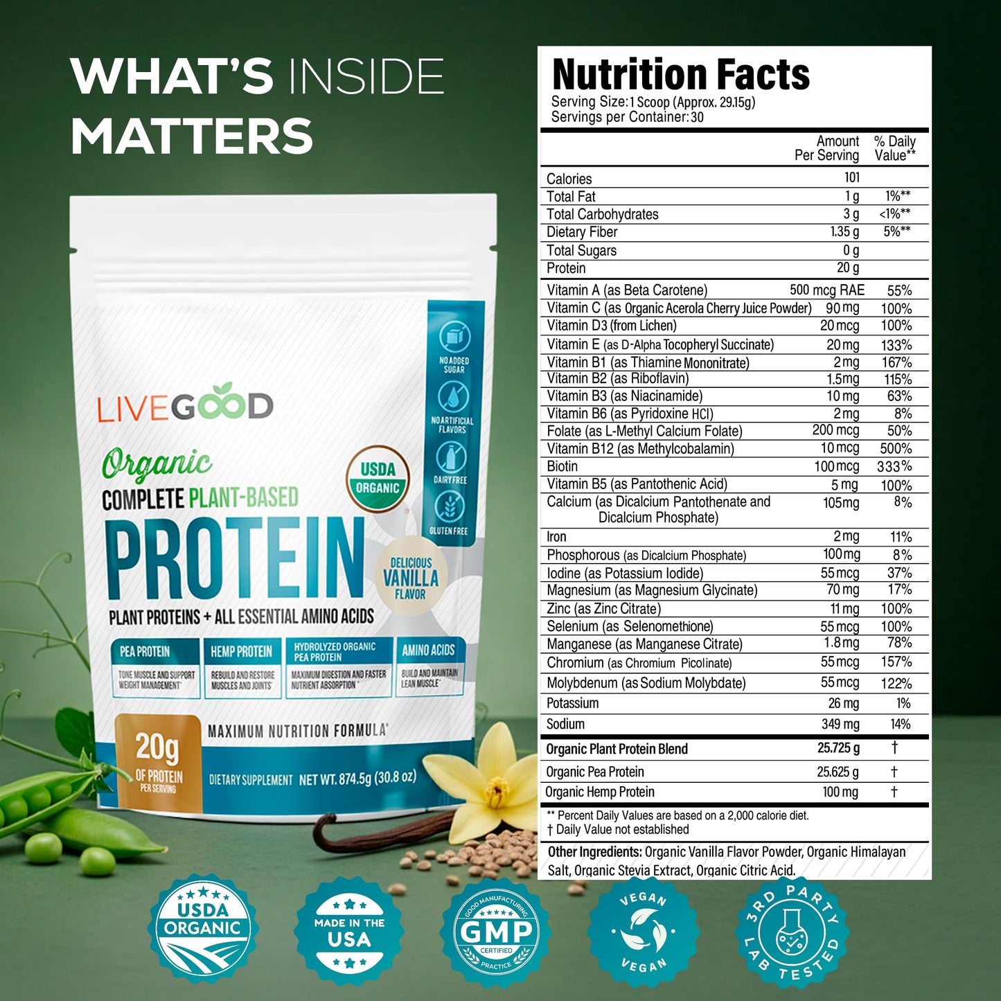 LIVEGOOD Complete Plant Based Protein Powder with Organic Pea Protein and Essential Amino Acids, Vanilla, 30 Servings