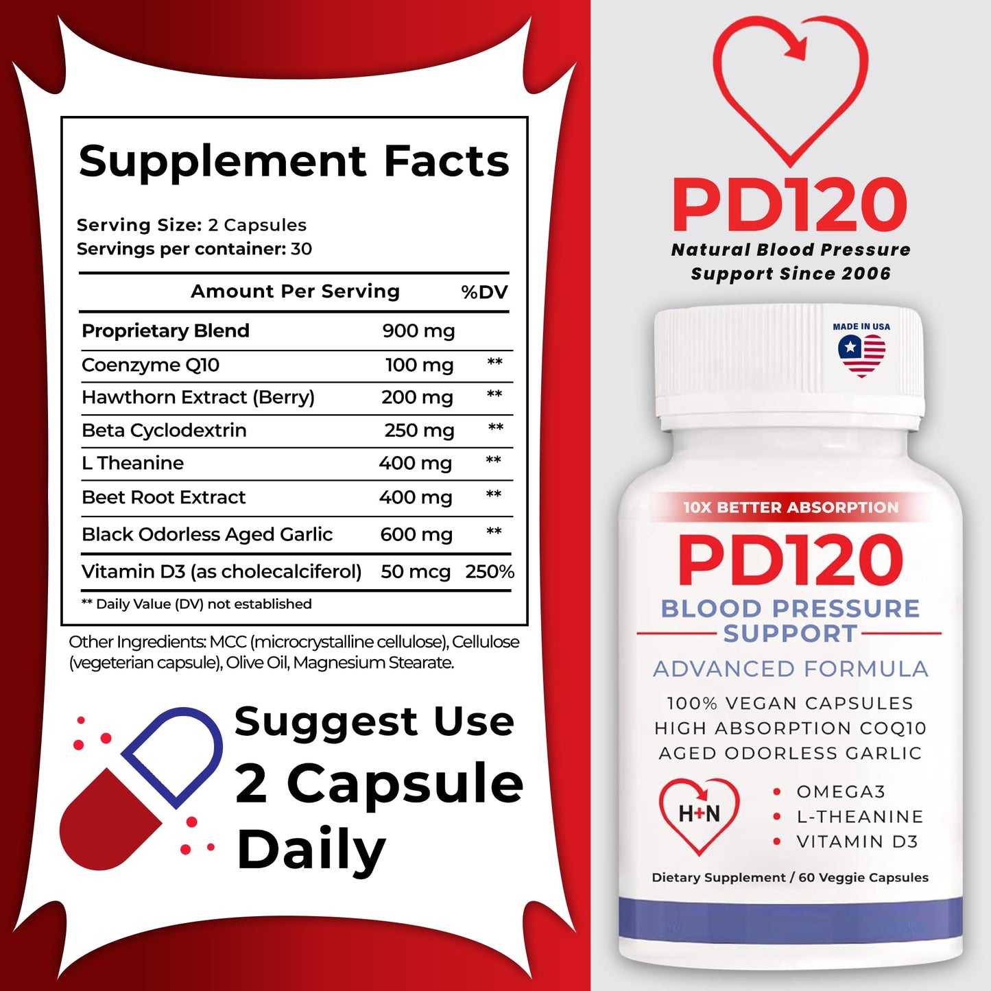 Hello Naturals PD120 Natural Blood Pressure Support Supplement Capsules, 60 Count