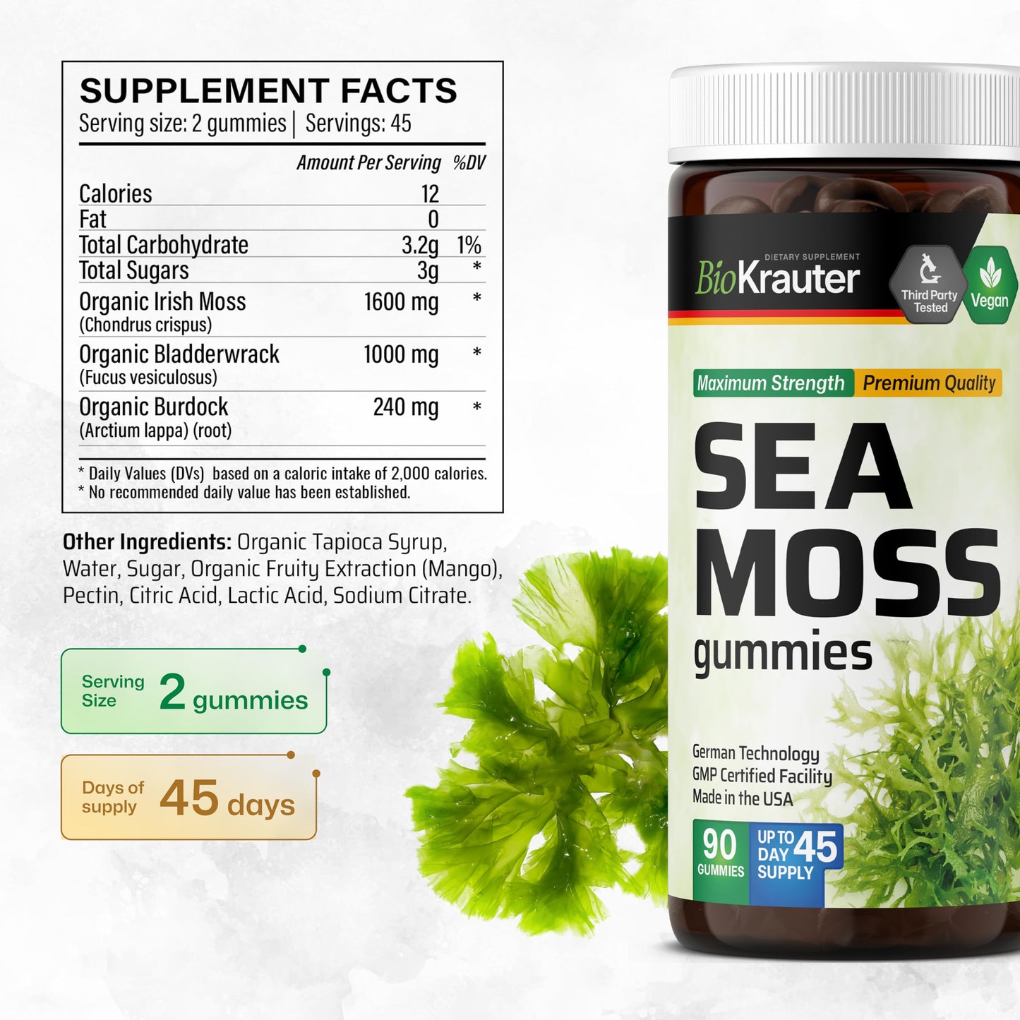 BIO KRAUTER 3-in-1 Sea Moss for Thyroid Support - Vegan Sea Moss Gummies with Bladderwrack & Burdock Root, 90 Gummies