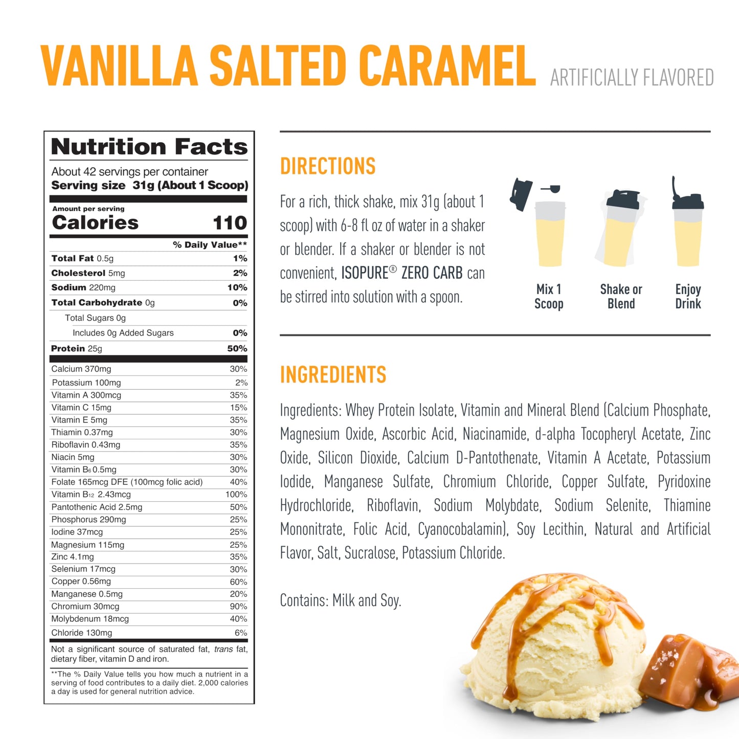 Isopure Zero Carb 100% Pure Whey Isolate Protein Powder, Gluten Free, With Vitamins, Vanilla Salted Caramel, 25g Protein Per Serving, 3 Lbs, 42 Servings (Packaging May Vary)