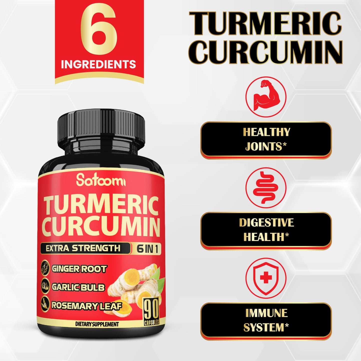 Satoomi 6in1 Turmeric Curcumin Supplement Capsules, 90 Capsules