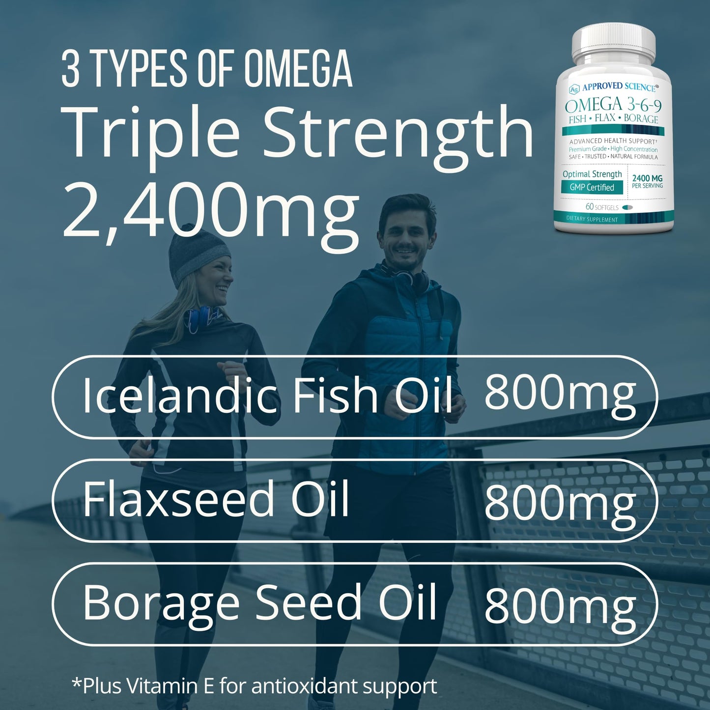 Approved Science Omega 3-6-9-2400mg Daily Blend of Fish, Flaxseed, and Borage Oils with Vitamin E - Wellness Support - Non-GMO, Mercury-Free Softgels 60 Count