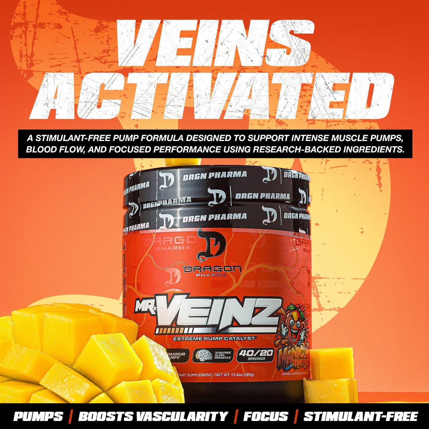 DRAGON PHARMA Mr. Veinz Stim Free Pre-Workout Powder, 13.4 oz