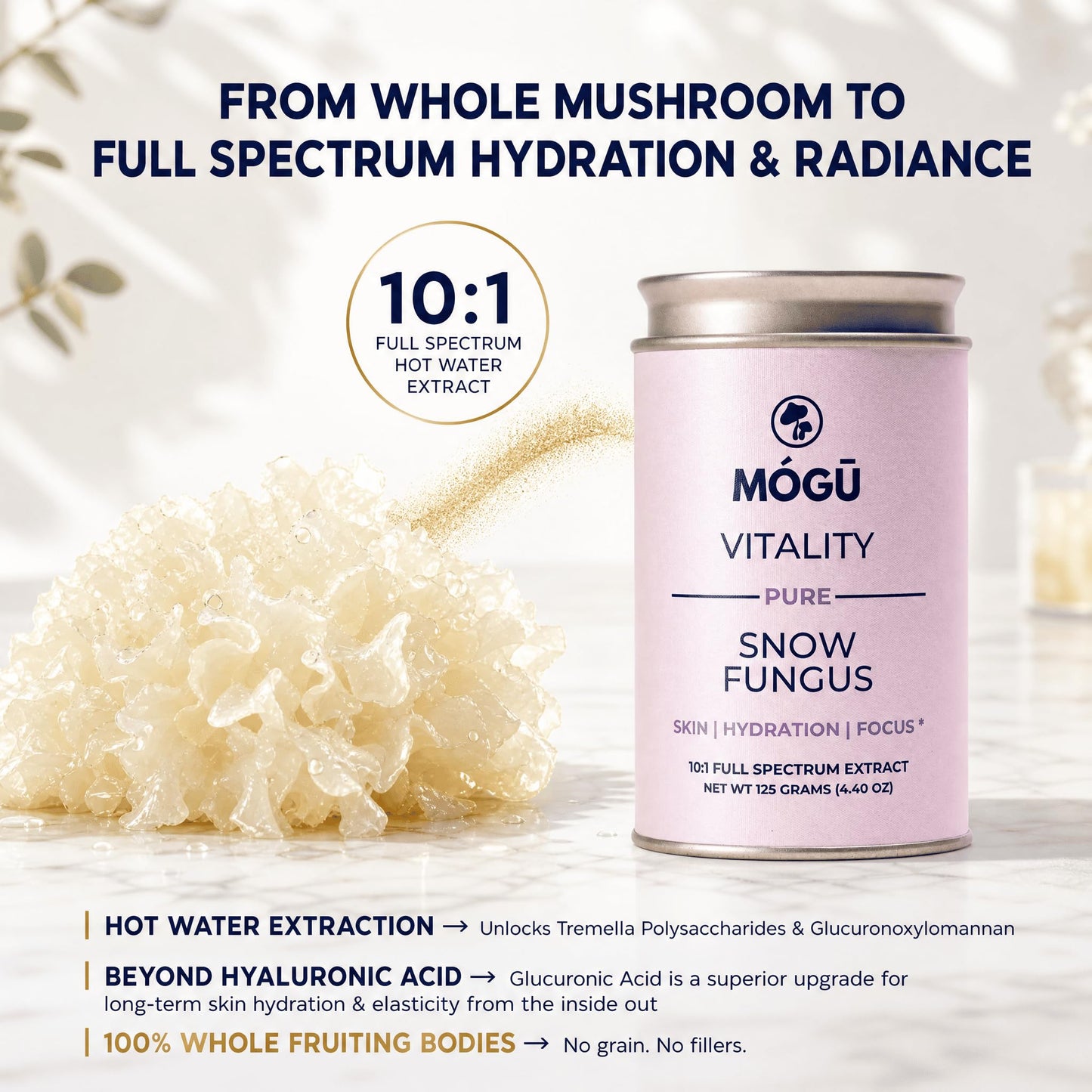 MÓGU MUSHROOMS Mógū Vitality Snow Fungus Tremella Fuciformis Organic Mushroom Powder, 2.65 oz