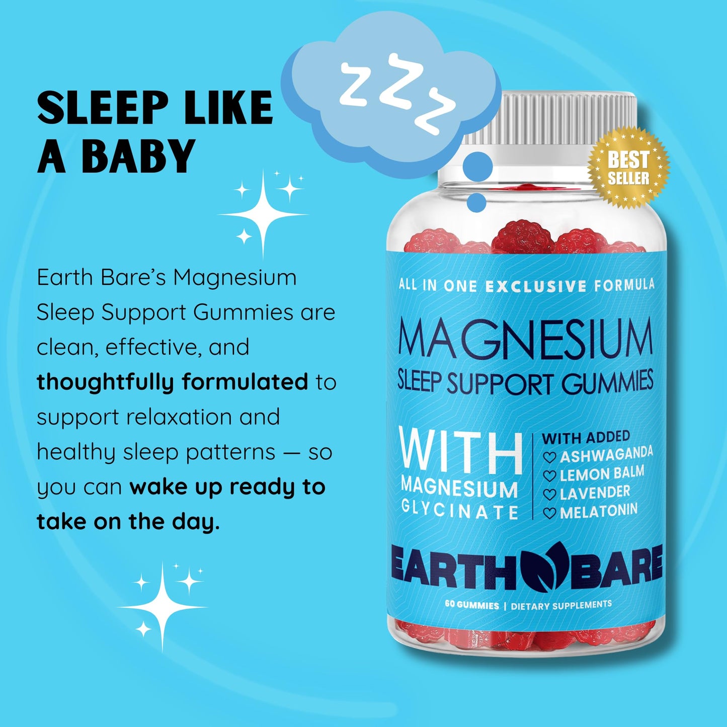 Earth Bare Sleep Gummies with Magnesium Glycinate, Melatonin, Ashwagandha, Lavender, 60 Gummies