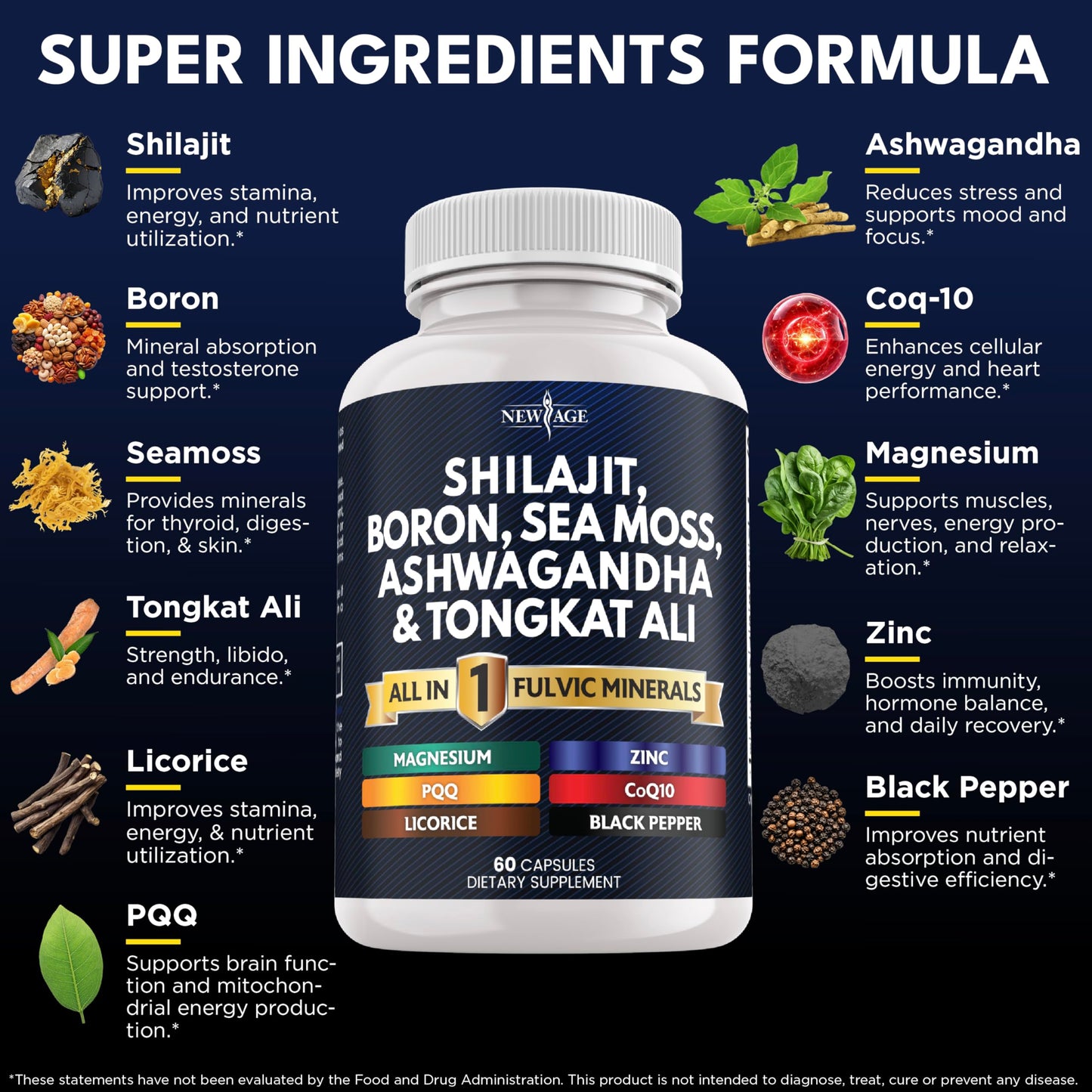 NEW AGE Shilajit Supplement with Sea Moss, Ashwagandha, Tongkat Ali, Boron, Magnesium - Fulvic Acid Capsules, 120 Capsules