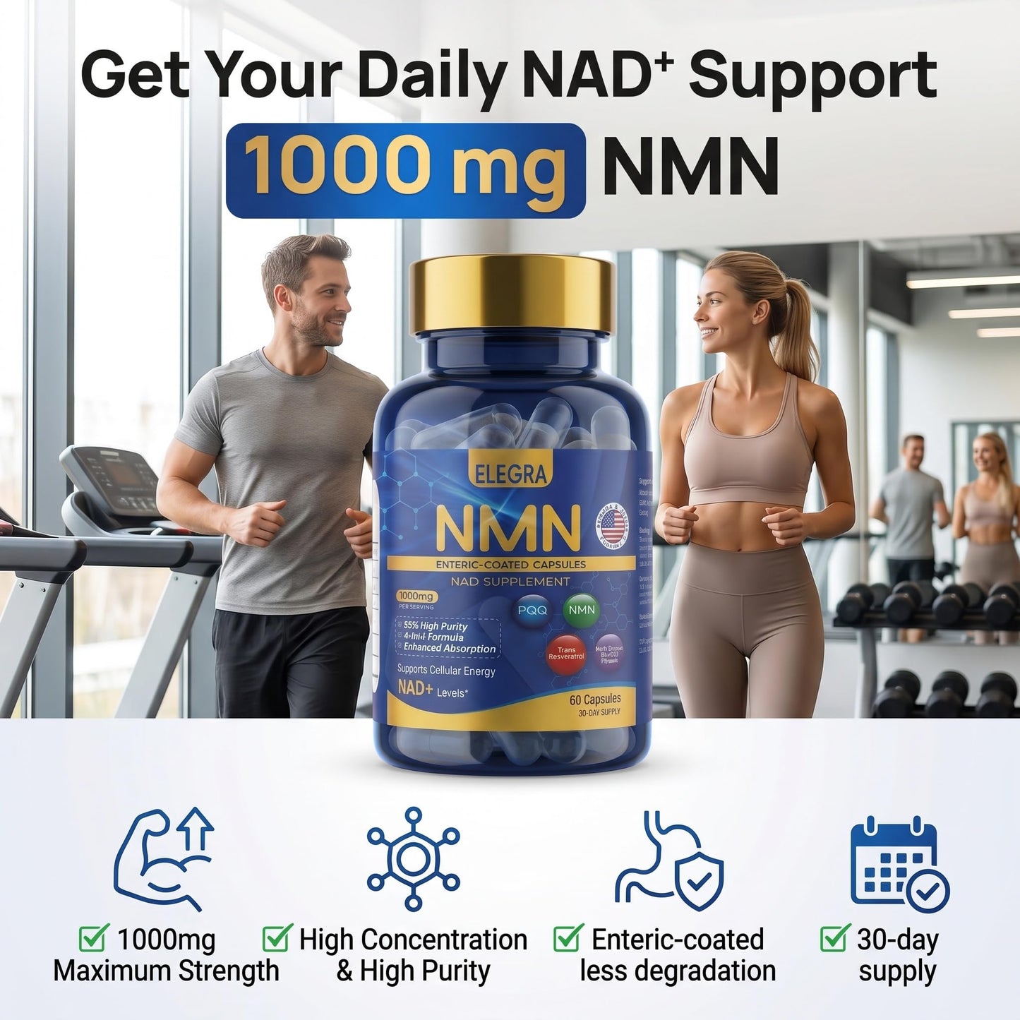 Elegra NMN Capsule 1000mg Enteric Coated with PQQ & Resveratrol, 99% Pure NMN, 60 Capsules