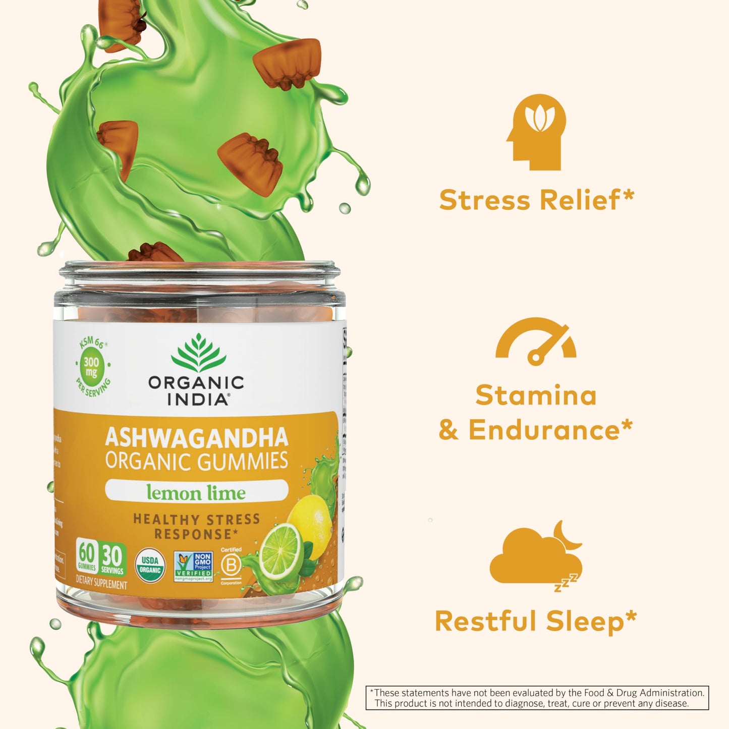 ORGANIC INDIA Ashwagandha Gummies - Stress Support, KSM-66 Ashwagandha Root, Extra Strength, Calm Chews, Vegan, Non-GMO - Lemon Lime, 60 Gummies
