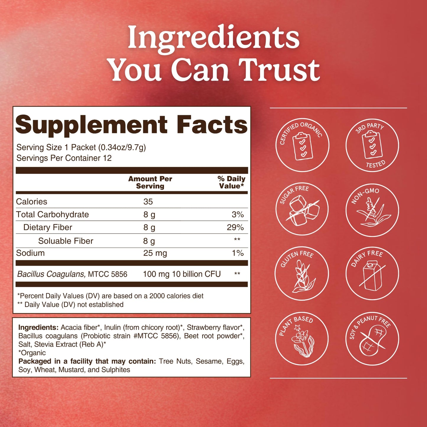 Organic Traditions Fiber Flow Strawberry Daily Fiber Supplement with Acacia, Chicory Root Inulin, One Billion CFU Probiotics Powder 4 Count