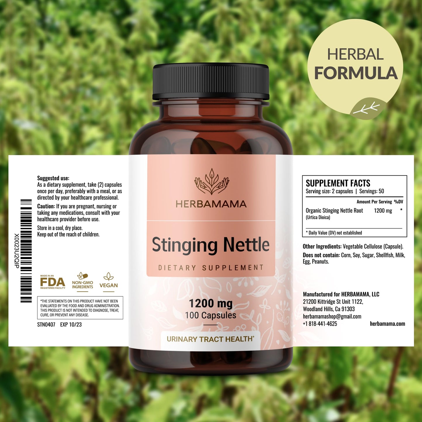 HERBAMAMA Stinging Nettle Capsules 1200mg Root Extract for Urinary Tract Support, Vegan, Non-GMO, 100 Count